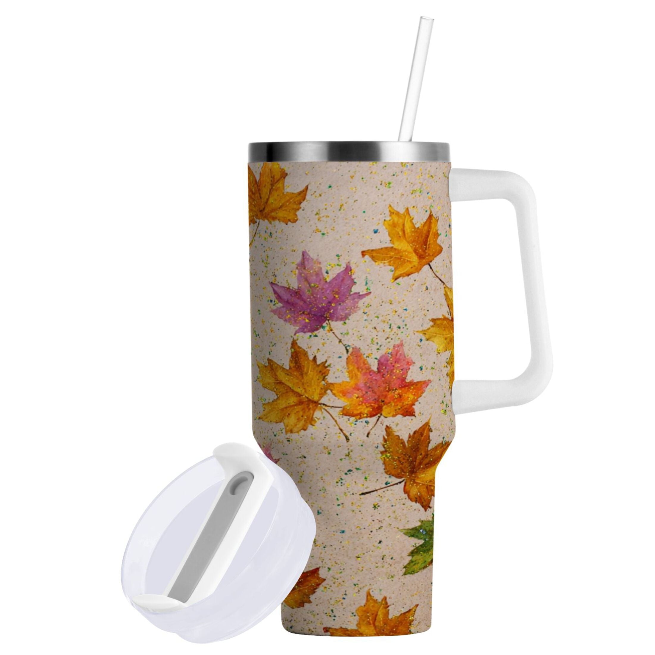 40 oz Insulated Stainless Steel Tumbler Double Wall Stainless Steel Tumbler with 2-Way Drinking Colored Autumn Leaves - Pick 856