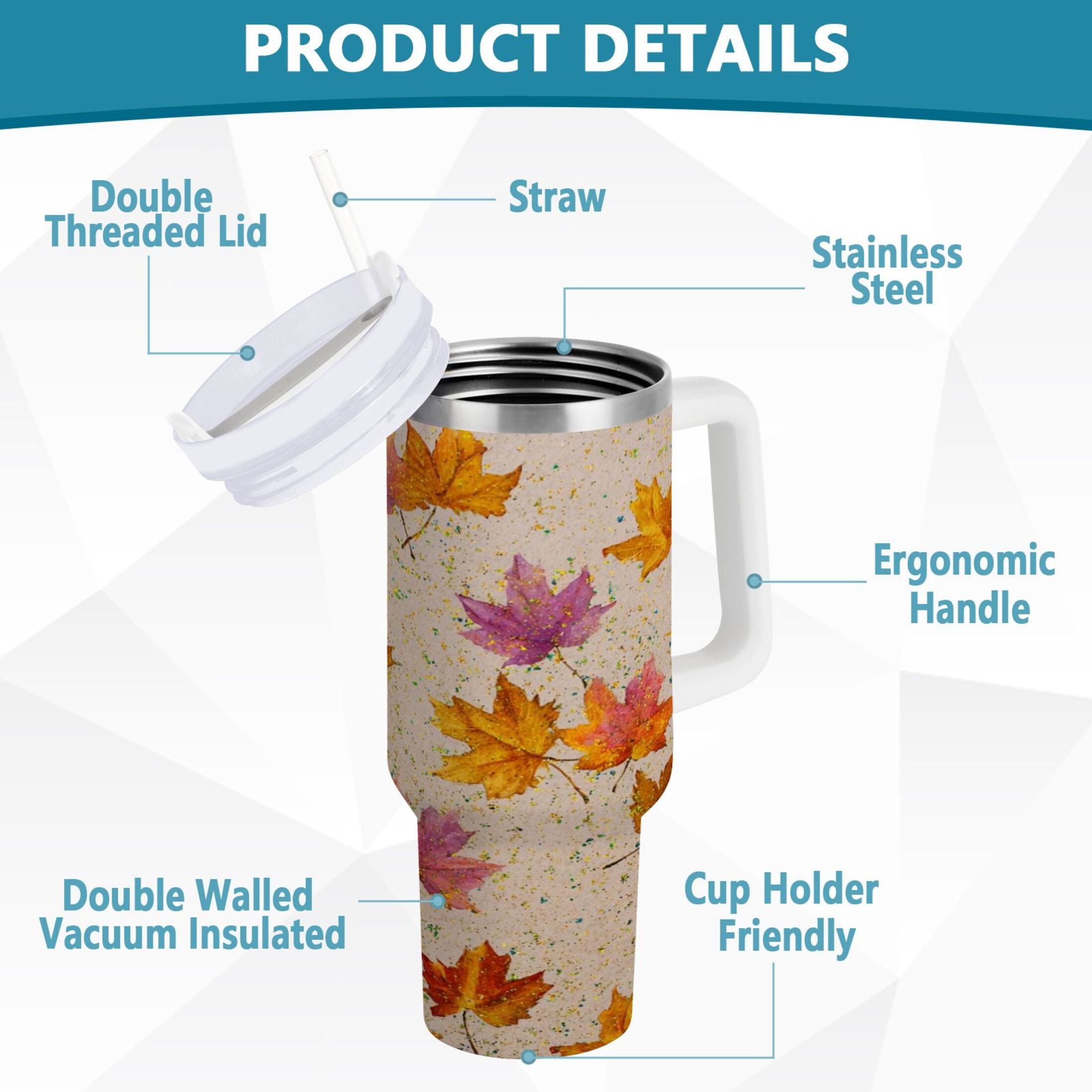 40 oz Insulated Stainless Steel Tumbler Double Wall Stainless Steel Tumbler with 2-Way Drinking Colored Autumn Leaves - Pick 856