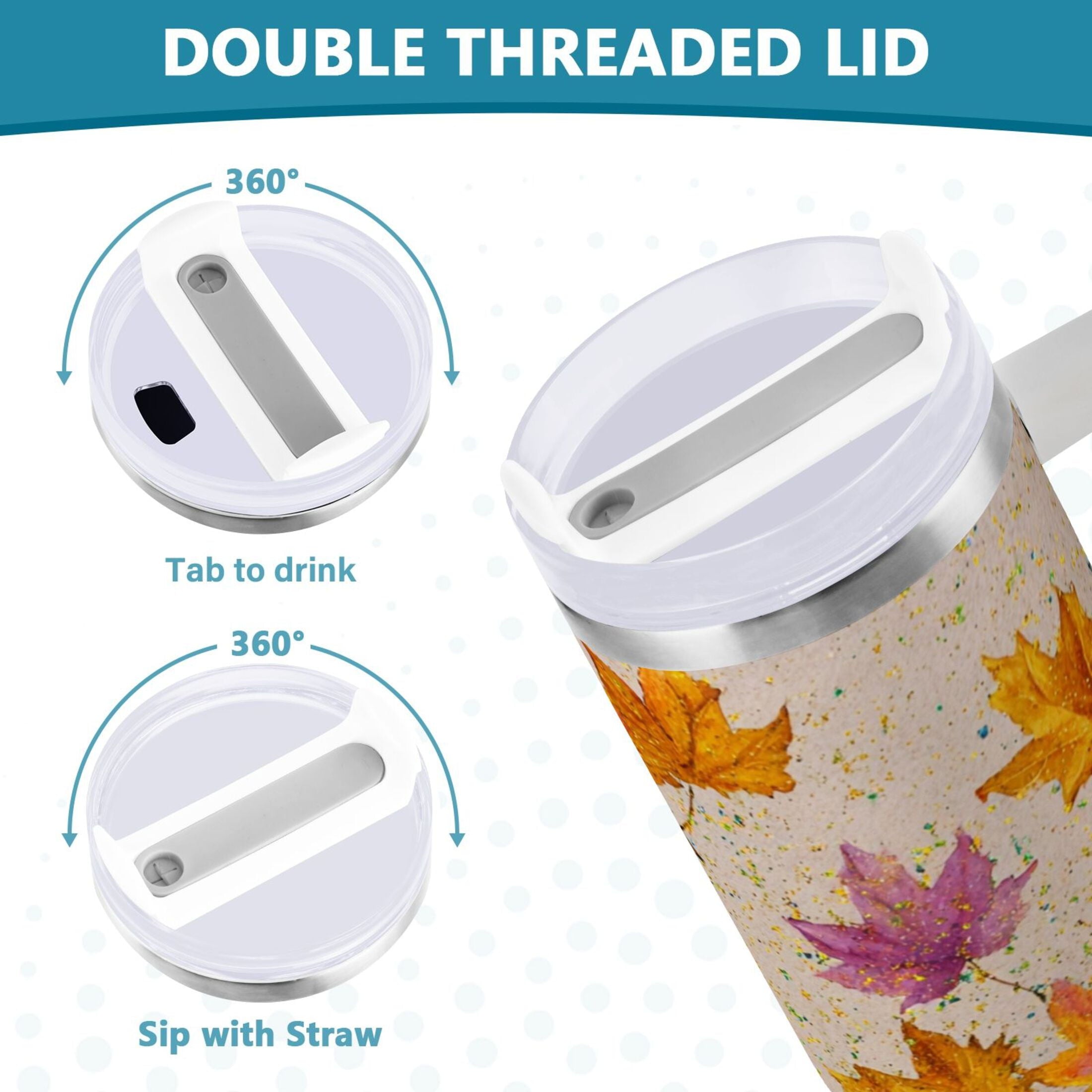 40 oz Insulated Stainless Steel Tumbler Double Wall Stainless Steel Tumbler with 2-Way Drinking Colored Autumn Leaves - Pick 856