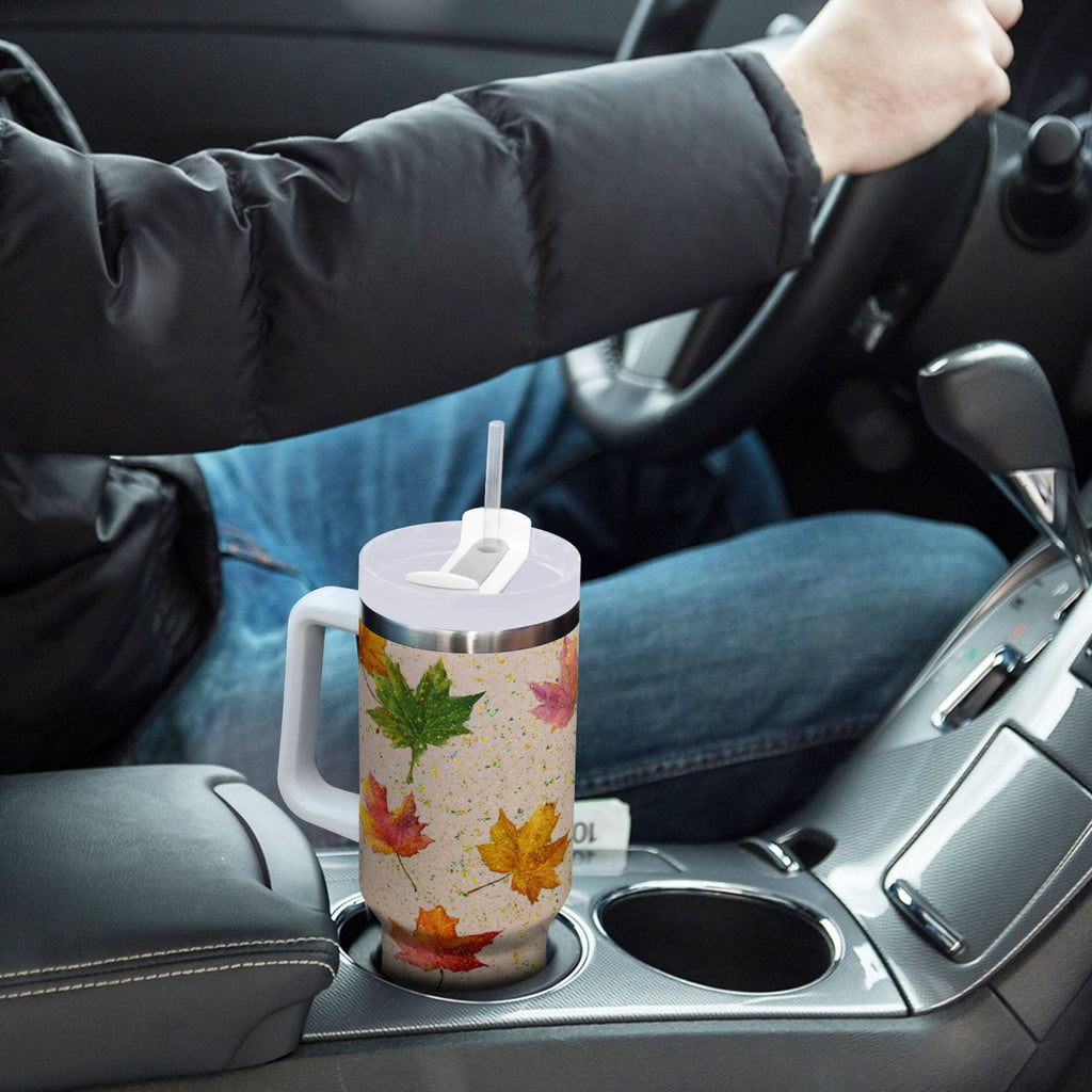 40 oz Insulated Stainless Steel Tumbler Double Wall Stainless Steel Tumbler with 2-Way Drinking Colored Autumn Leaves - Pick 856
