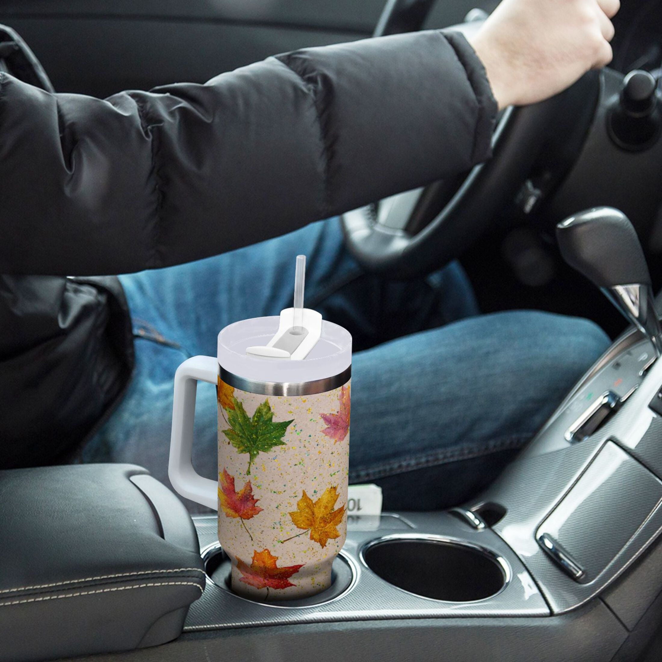 40 oz Insulated Stainless Steel Tumbler Double Wall Stainless Steel Tumbler with 2-Way Drinking Colored Autumn Leaves - Pick 856