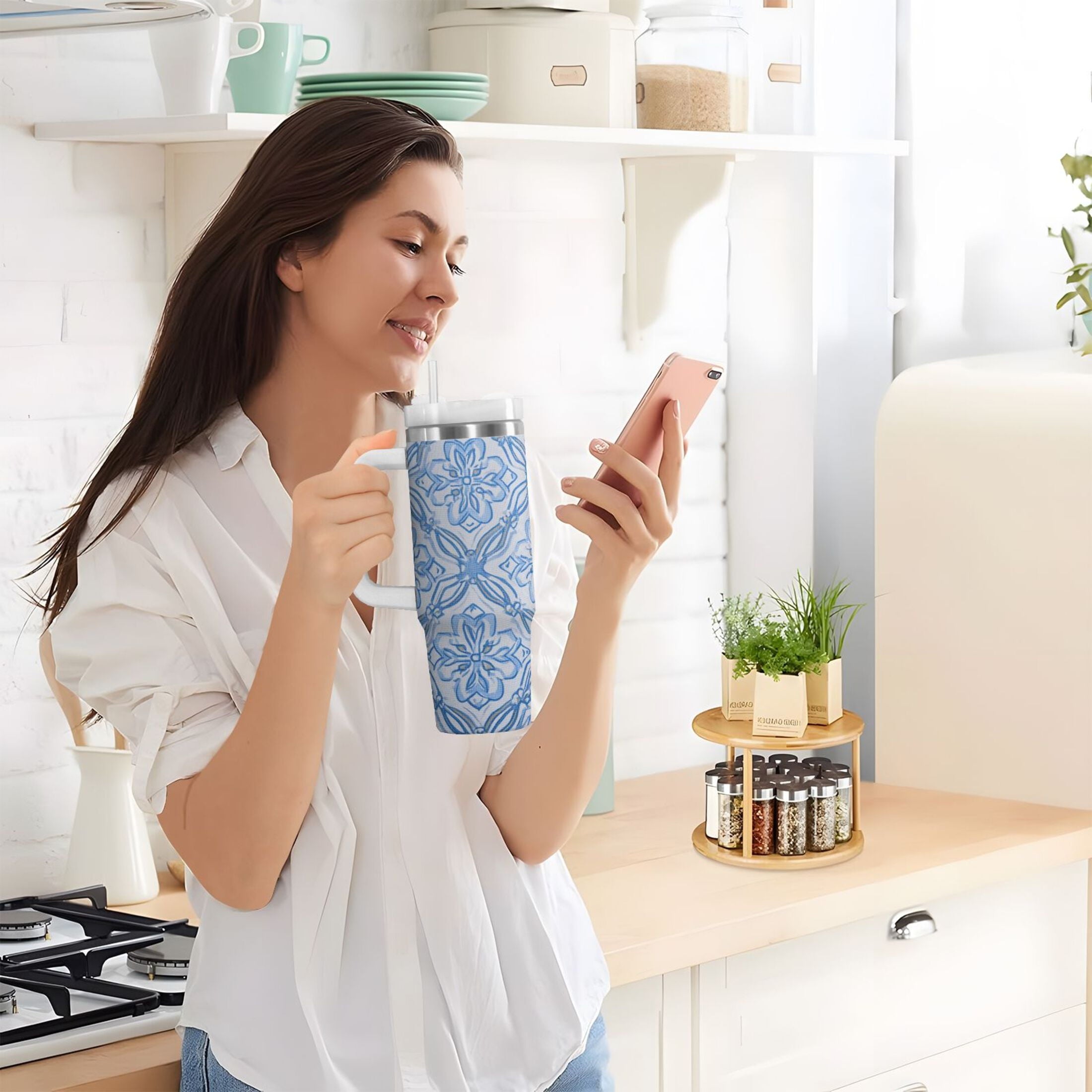 30 oz Insulated Stainless Steel Tumbler Double Wall Stainless Steel Tumbler with 2-Way Drinking Blue Elegant Geometric Design - Pick 988