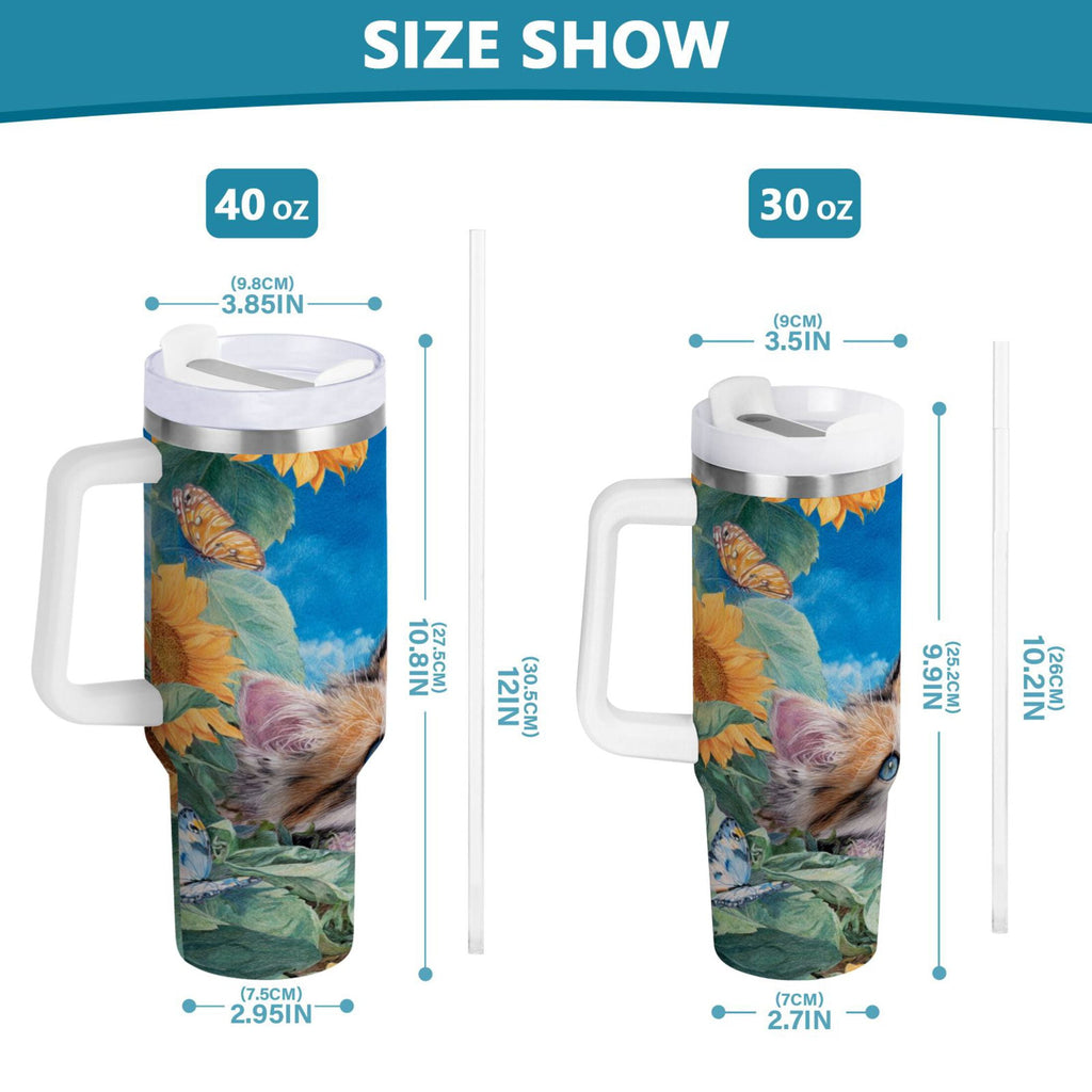 40 oz Insulated Stainless Steel Tumbler Double Wall Stainless Steel Tumbler with 2-Way Drinking Playful Cat Lying Sunflowers - Pick 924