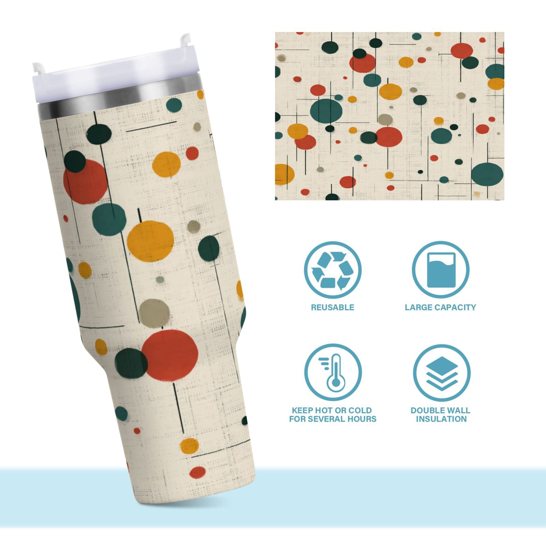30 oz Insulated Stainless Steel Tumbler Double Wall Stainless Steel Tumbler with 2-Way Drinking Colorful Dots and Lines - Pick 503