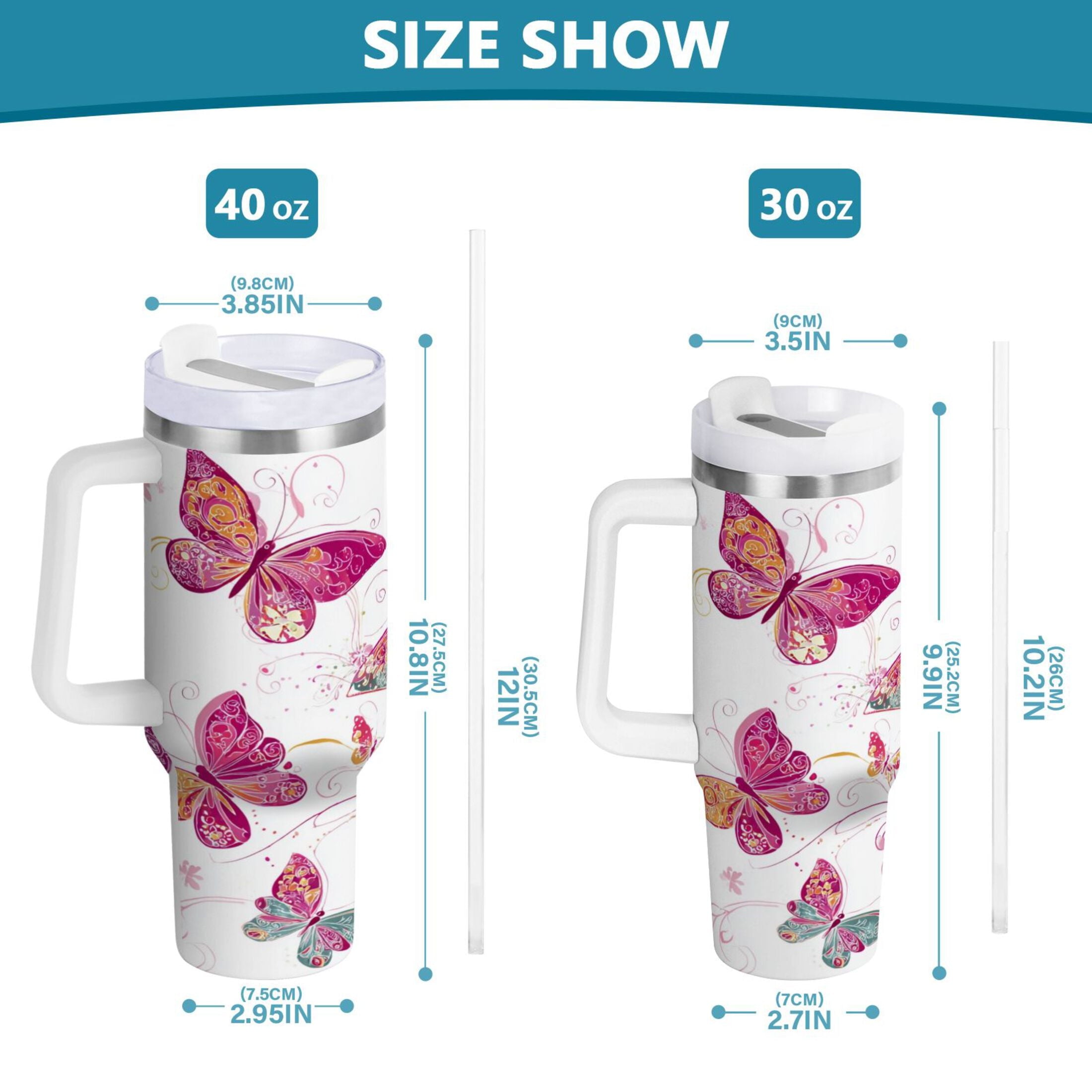 30 oz Insulated Stainless Steel Tumbler Double Wall Stainless Steel Tumbler with 2-Way Drinking Colorful Butterflies - Pick 547