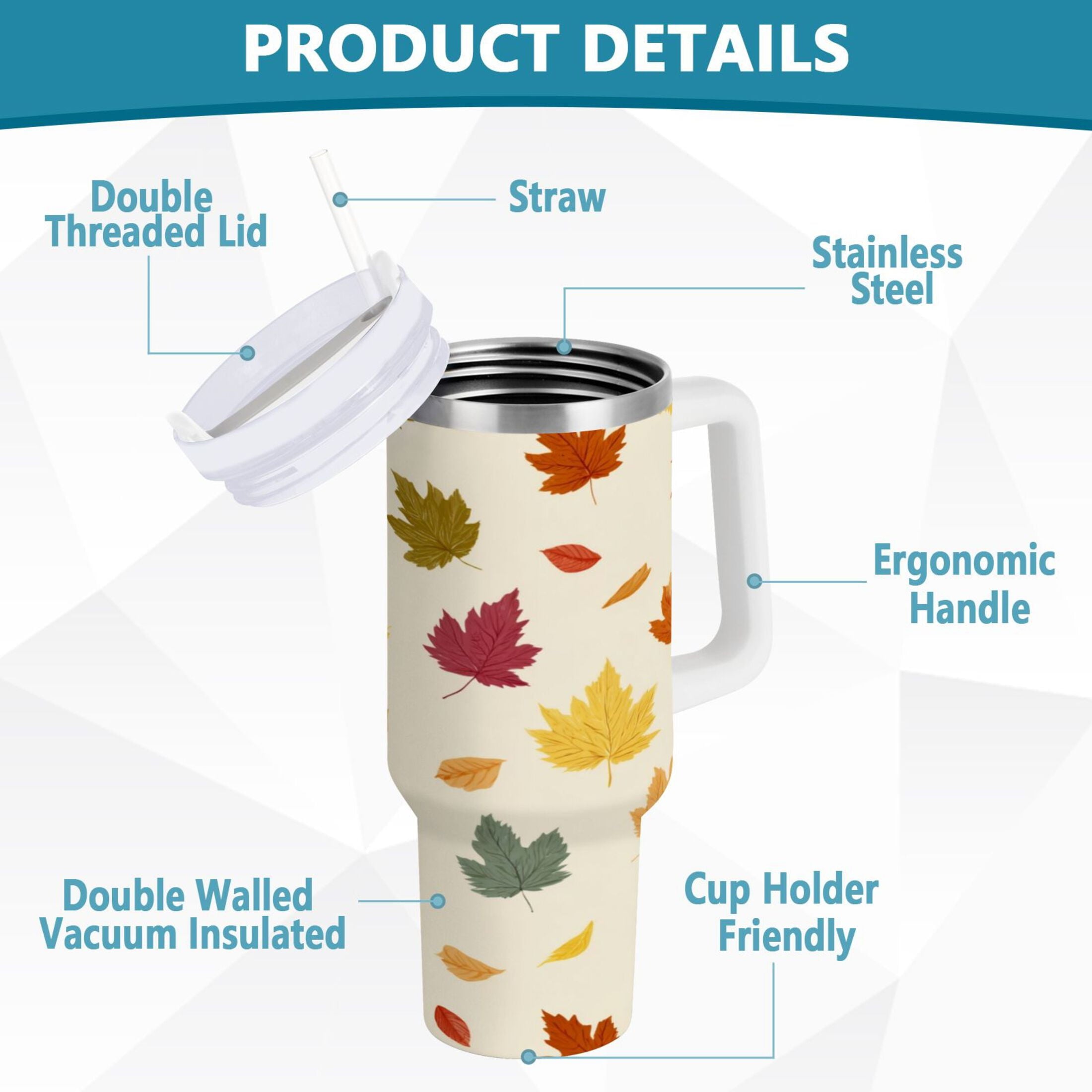 40 oz Insulated Stainless Steel Tumbler Double Wall Stainless Steel Tumbler with 2-Way Drinking Colorful Autumn Leaves Pattern - Pick 879