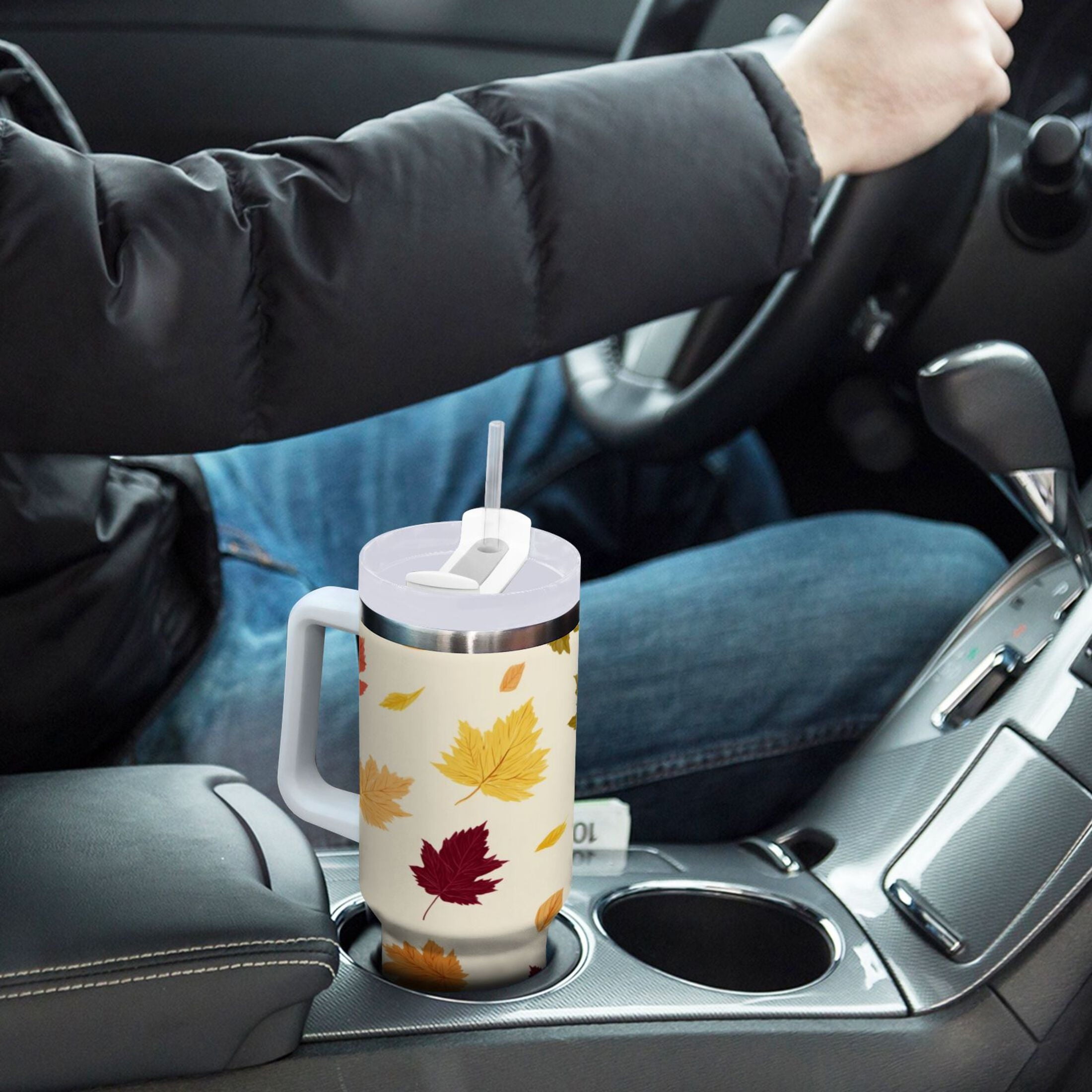 40 oz Insulated Stainless Steel Tumbler Double Wall Stainless Steel Tumbler with 2-Way Drinking Colorful Autumn Leaves Pattern - Pick 879