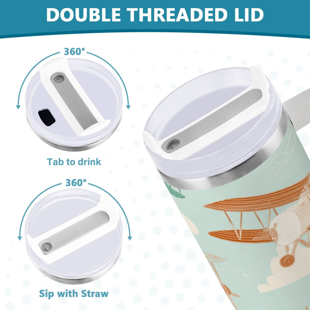 40 oz Insulated Stainless Steel Tumbler Double Wall Stainless Steel Tumbler with 2-Way Drinking Cute Airplanes - Pick 715