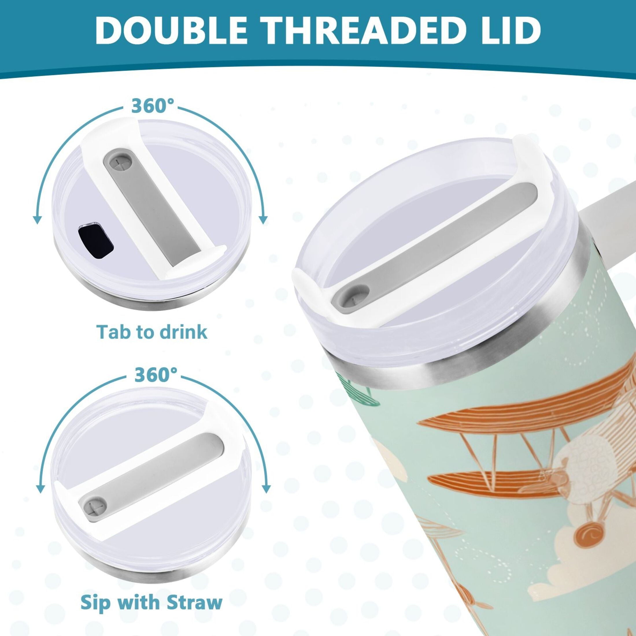 40 oz Insulated Stainless Steel Tumbler Double Wall Stainless Steel Tumbler with 2-Way Drinking Cute Airplanes - Pick 715