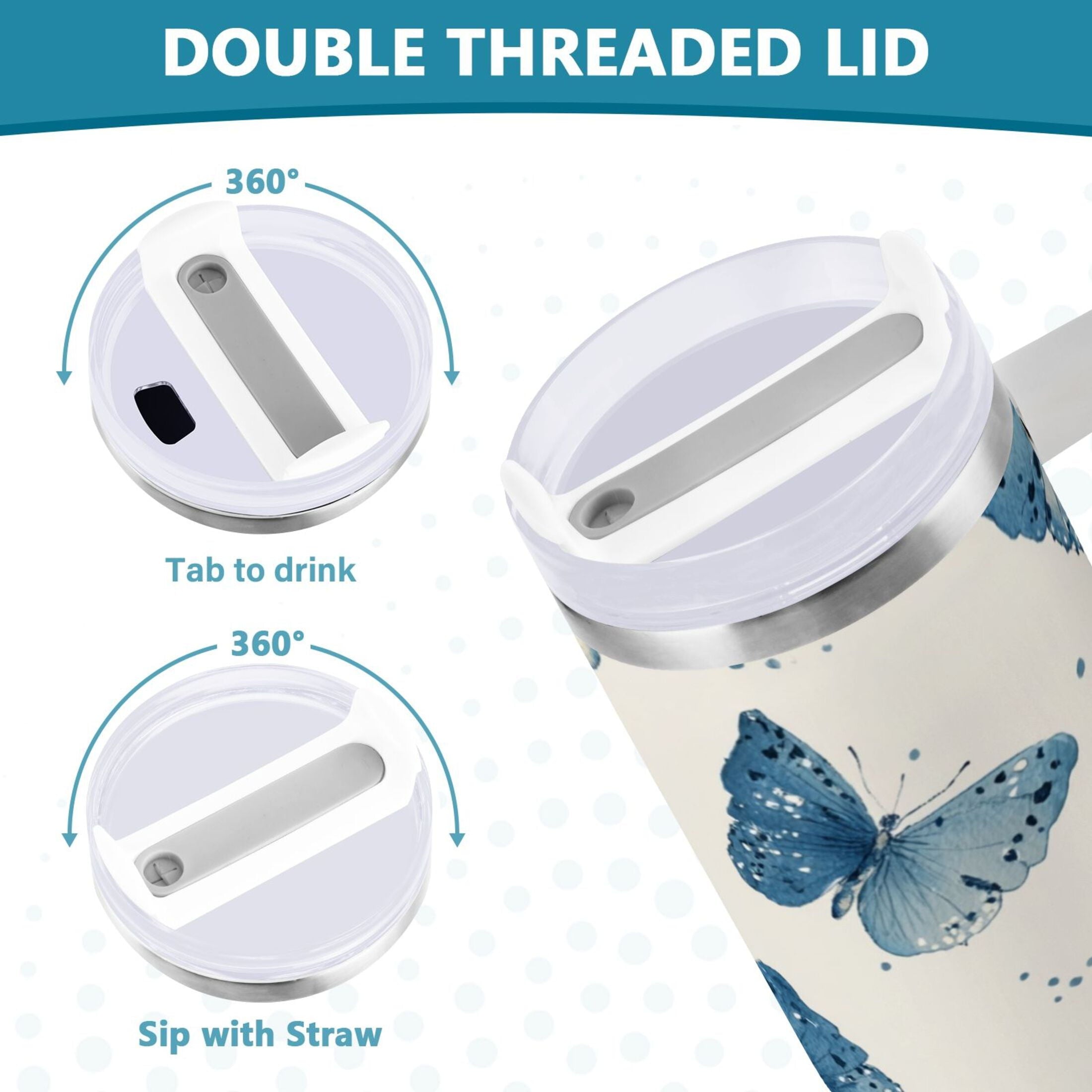 30 oz Insulated Stainless Steel Tumbler Double Wall Stainless Steel Tumbler with 2-Way Drinking Blue Watercolor Butterflies - Pick 444