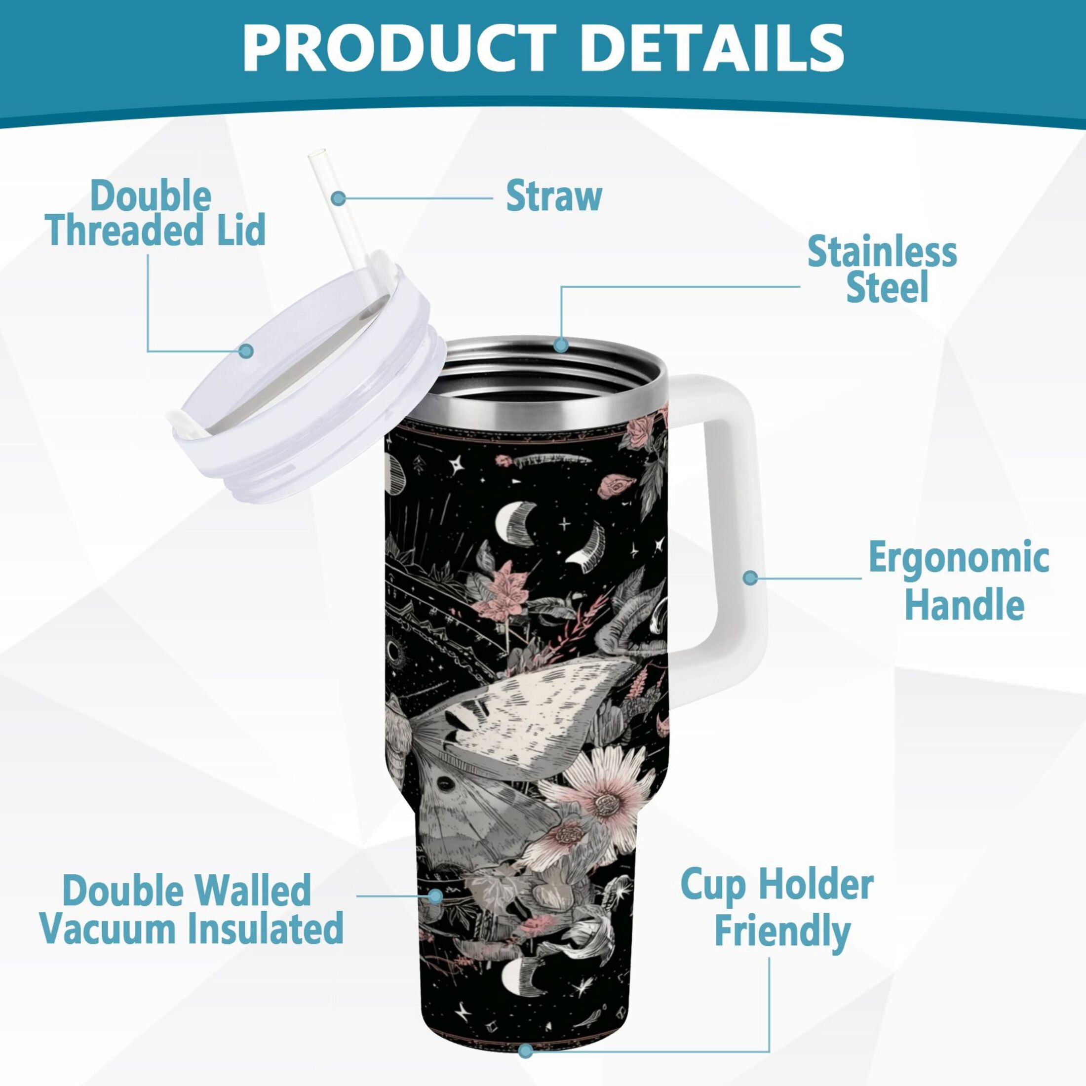 40 oz Insulated Stainless Steel Tumbler Double Wall Stainless Steel Tumbler with 2-Way Drinking Butterfly Surrounded by Flowers - Pick 577