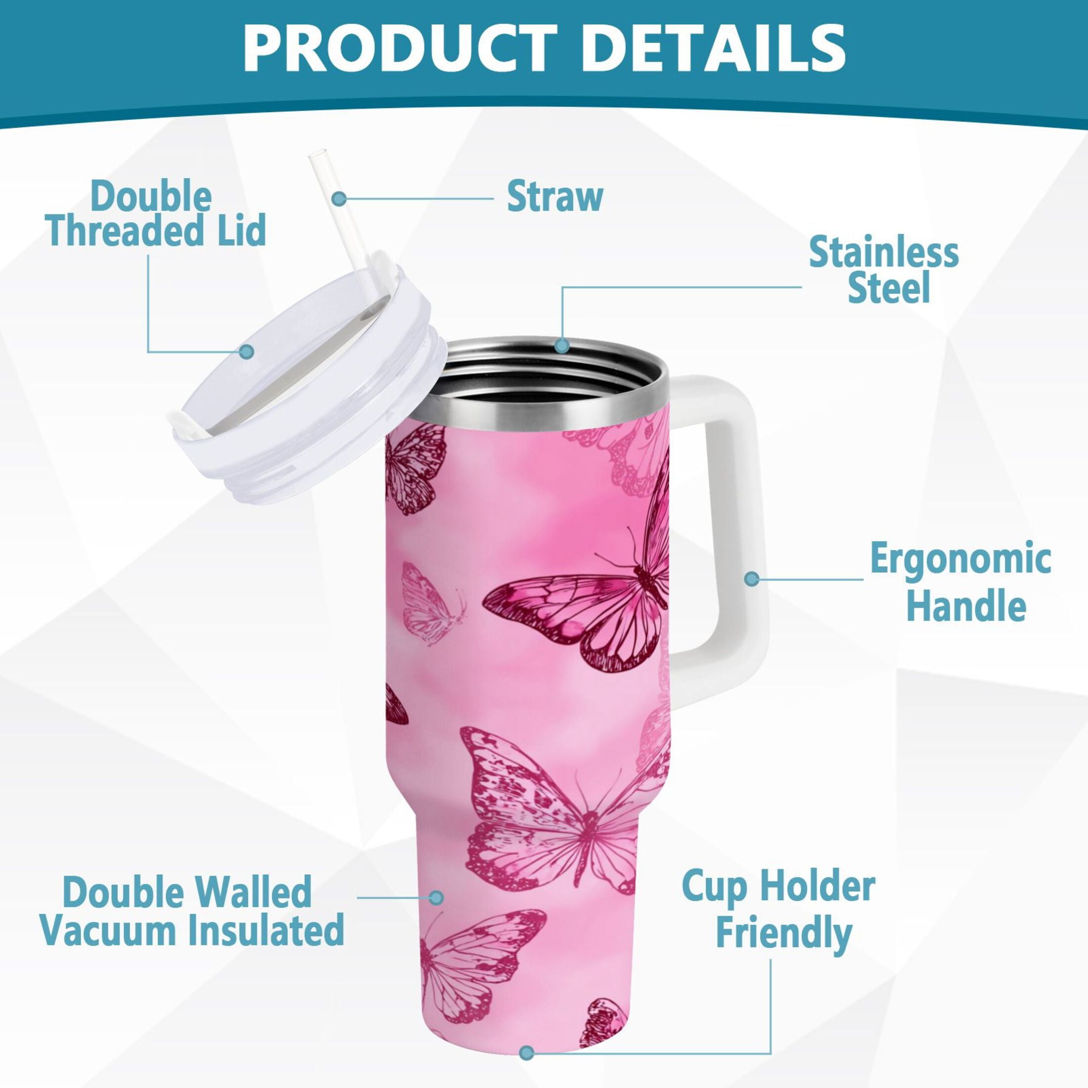 40 oz Insulated Stainless Steel Tumbler Double Wall Stainless Steel Tumbler with 2-Way Drinking Pink Butterfly Pattern - Pick 741