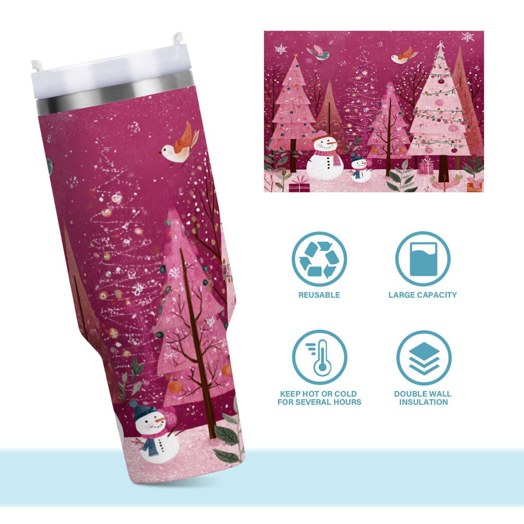 40 oz Insulated Stainless Steel Tumbler Double Wall Stainless Steel Tumbler with 2-Way Drinking Pink Christmas Forest - Pick 480