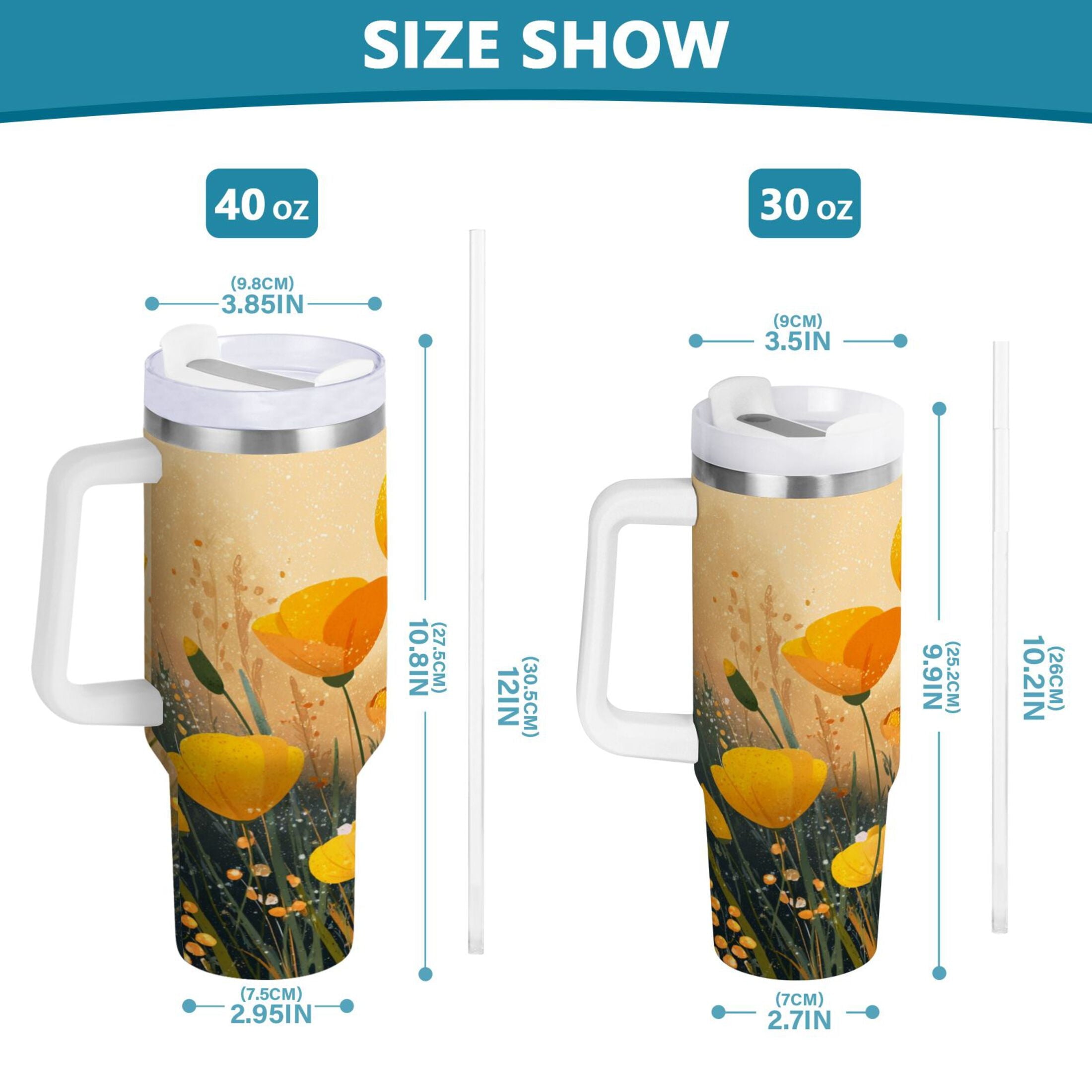 30 oz Insulated Stainless Steel Tumbler Double Wall Stainless Steel Tumbler with 2-Way Drinking Yellow Flowers on The Grass - Pick 565