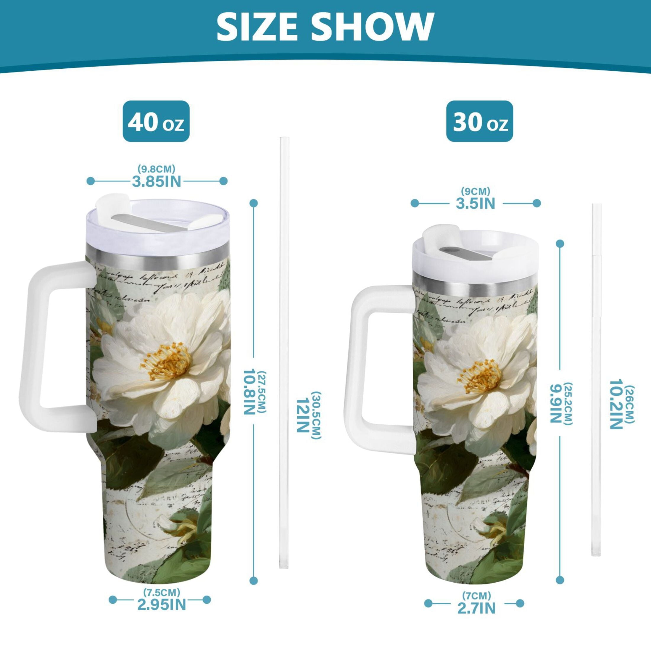 40 oz Insulated Stainless Steel Tumbler Double Wall Stainless Steel Tumbler with 2-Way Drinking Vintage White Camellias - Pick 603
