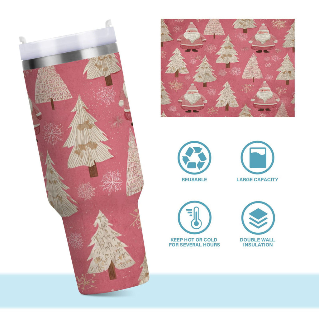 40 oz Insulated Stainless Steel Tumbler Double Wall Stainless Steel Tumbler with 2-Way Drinking Pink Santa Claus Pattern - Pick 638