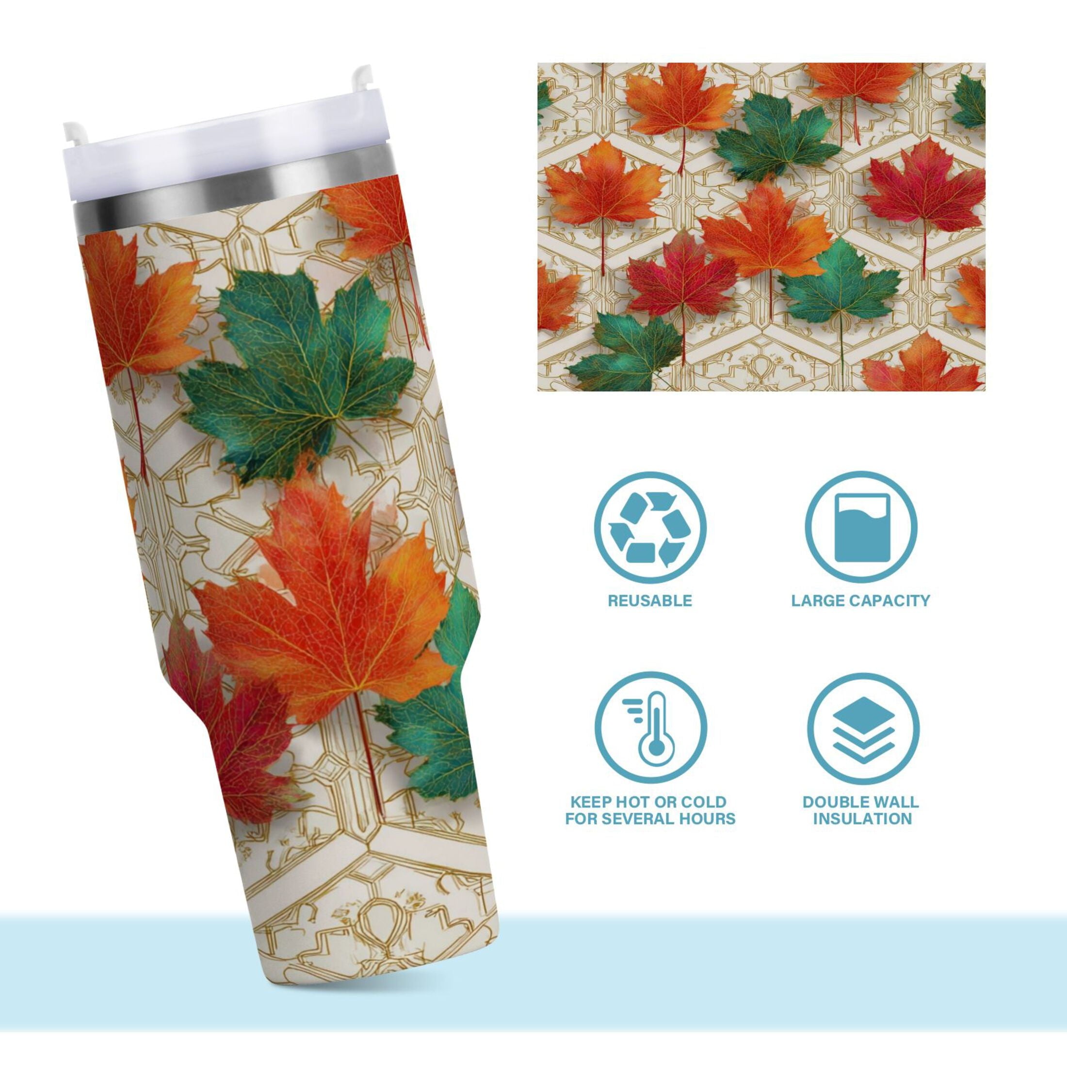 30 oz Insulated Stainless Steel Tumbler Double Wall Stainless Steel Tumbler with 2-Way Drinking Green and Red Maple Leaves - Pick 120