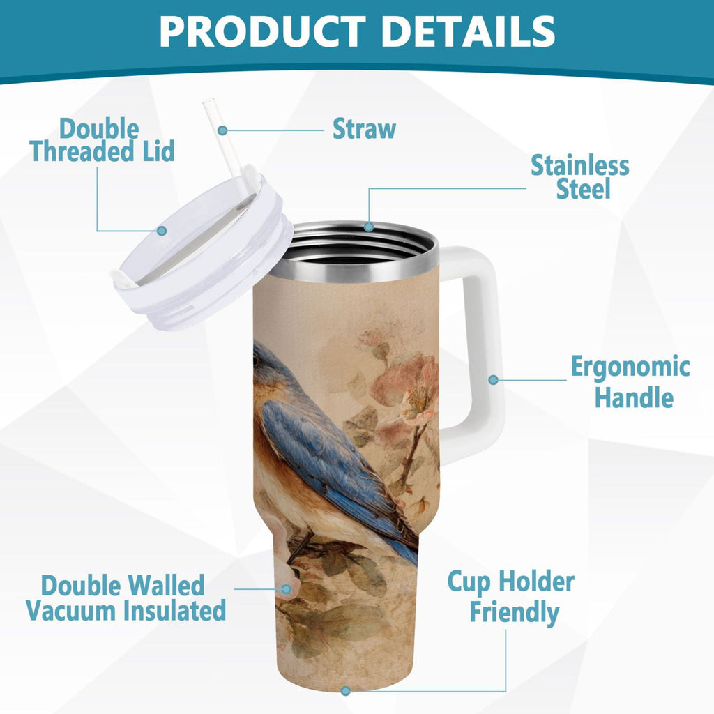 40 oz Insulated Stainless Steel Tumbler Double Wall Stainless Steel Tumbler with 2-Way Drinking Bluebird and Ancient Flowers - Pick 300
