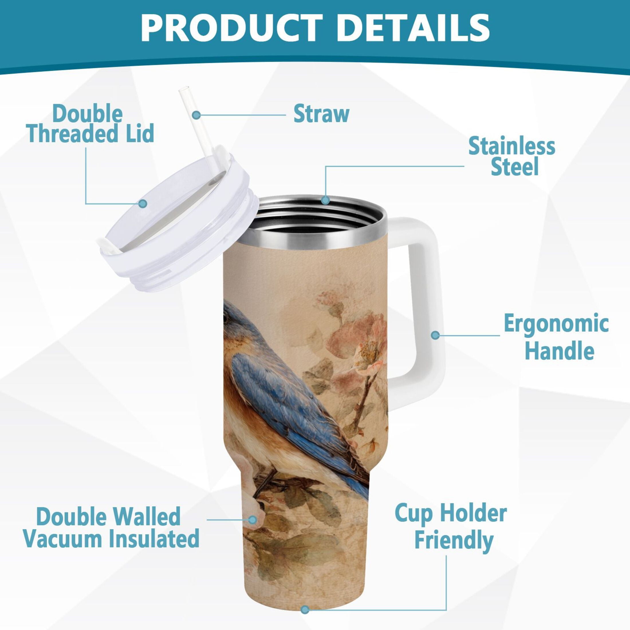 40 oz Insulated Stainless Steel Tumbler Double Wall Stainless Steel Tumbler with 2-Way Drinking Bluebird and Ancient Flowers - Pick 300