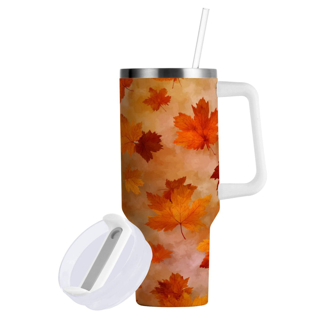 40 oz Insulated Stainless Steel Tumbler Double Wall Stainless Steel Tumbler with 2-Way Drinking Orange and Brown Autumn Leaves - Pick 501