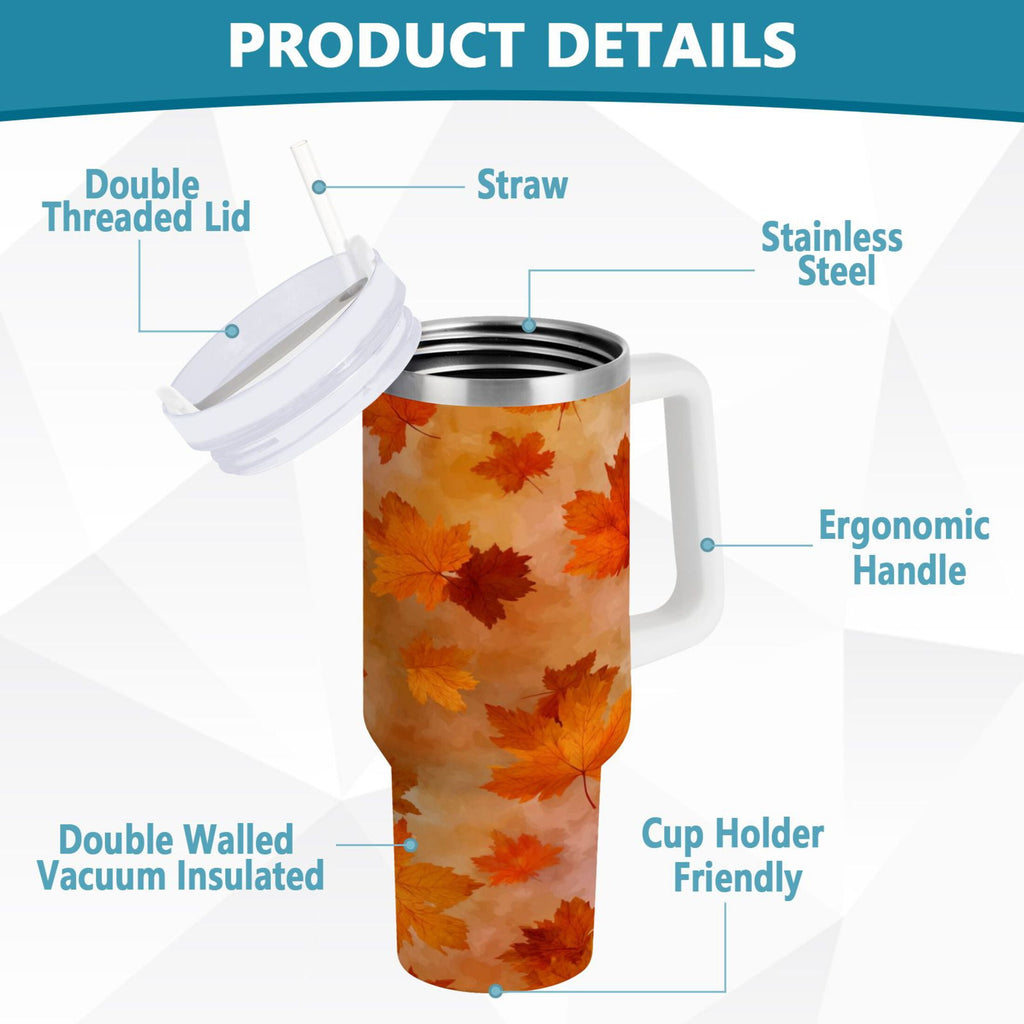 40 oz Insulated Stainless Steel Tumbler Double Wall Stainless Steel Tumbler with 2-Way Drinking Orange and Brown Autumn Leaves - Pick 501