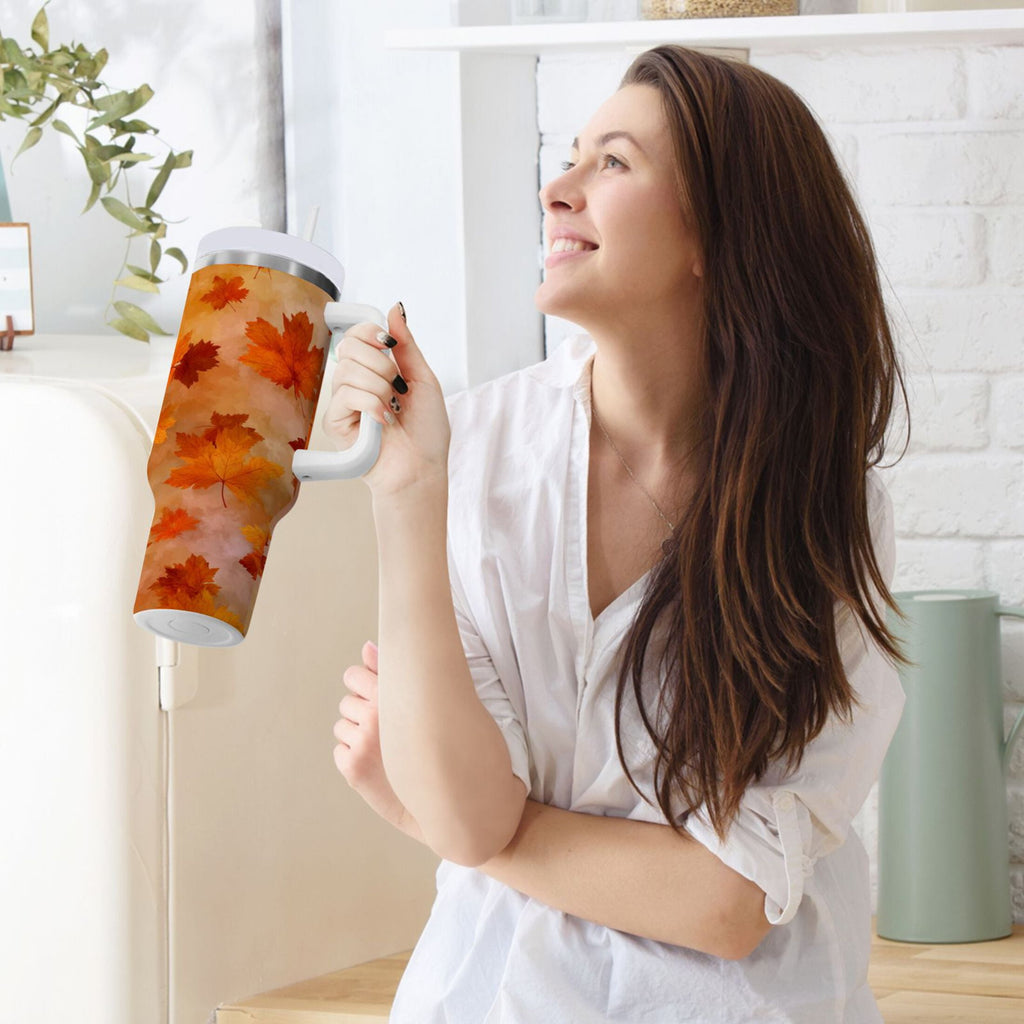40 oz Insulated Stainless Steel Tumbler Double Wall Stainless Steel Tumbler with 2-Way Drinking Orange and Brown Autumn Leaves - Pick 501