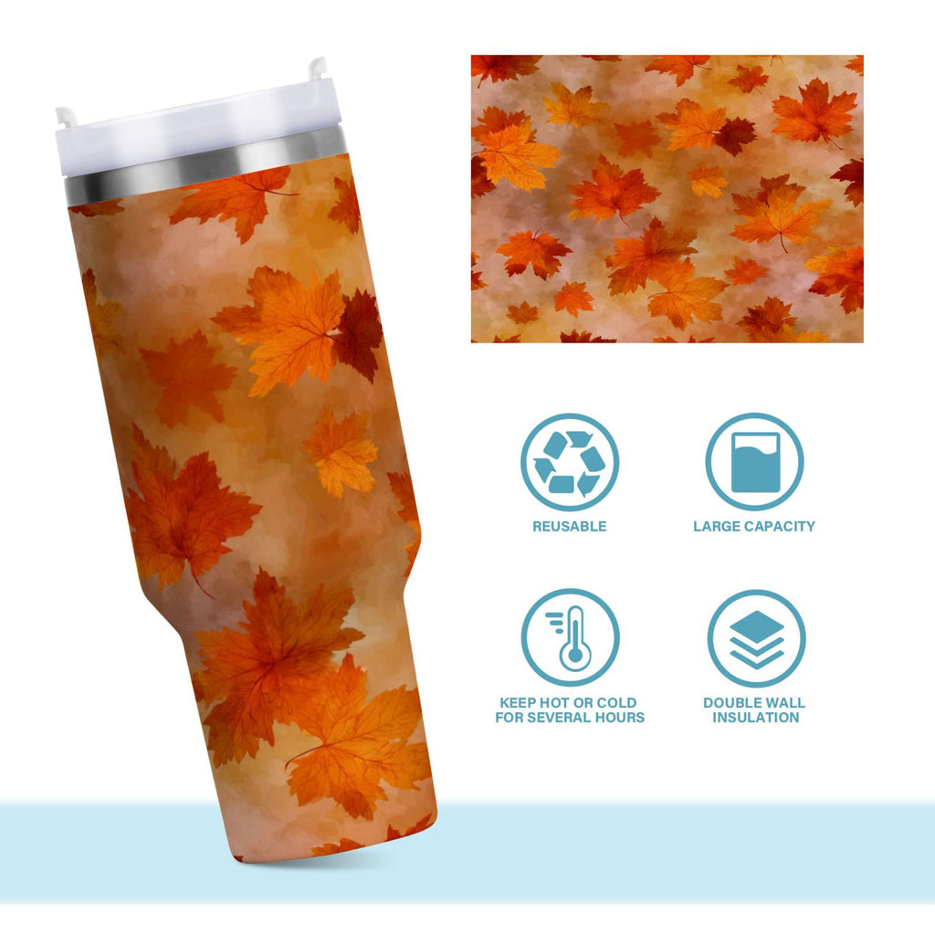 40 oz Insulated Stainless Steel Tumbler Double Wall Stainless Steel Tumbler with 2-Way Drinking Orange and Brown Autumn Leaves - Pick 501