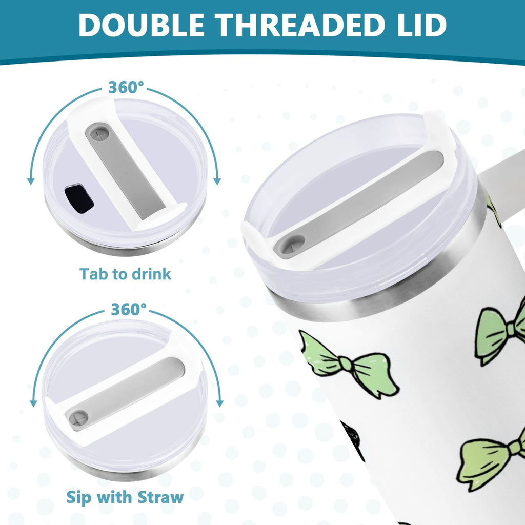 40 oz Insulated Stainless Steel Tumbler Double Wall Stainless Steel Tumbler with 2-Way Drinking Green and Black Bows - Pick 507
