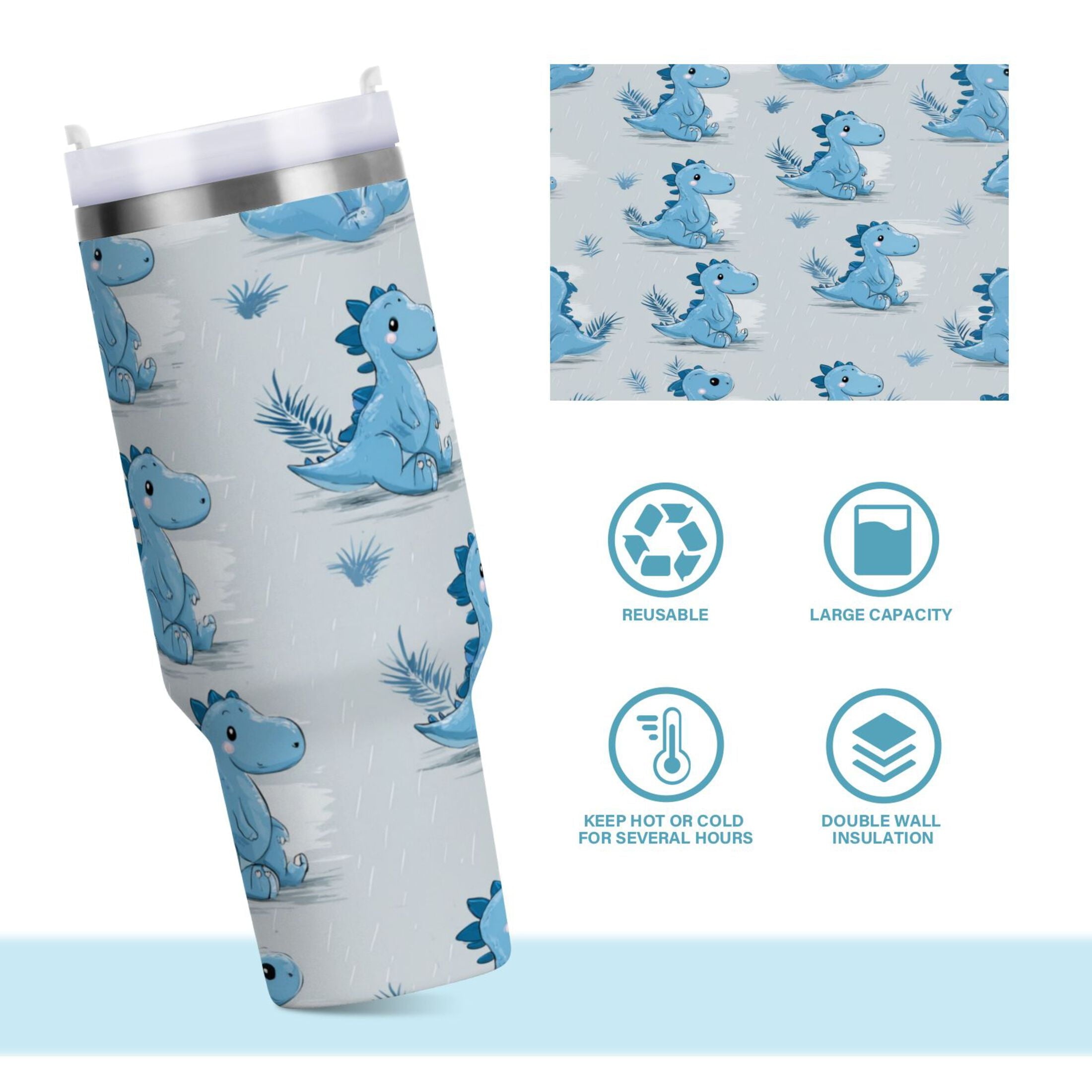 30 oz Insulated Stainless Steel Tumbler Double Wall Stainless Steel Tumbler with 2-Way Drinking Cartoon Blue Dinosaurs - Pick 582