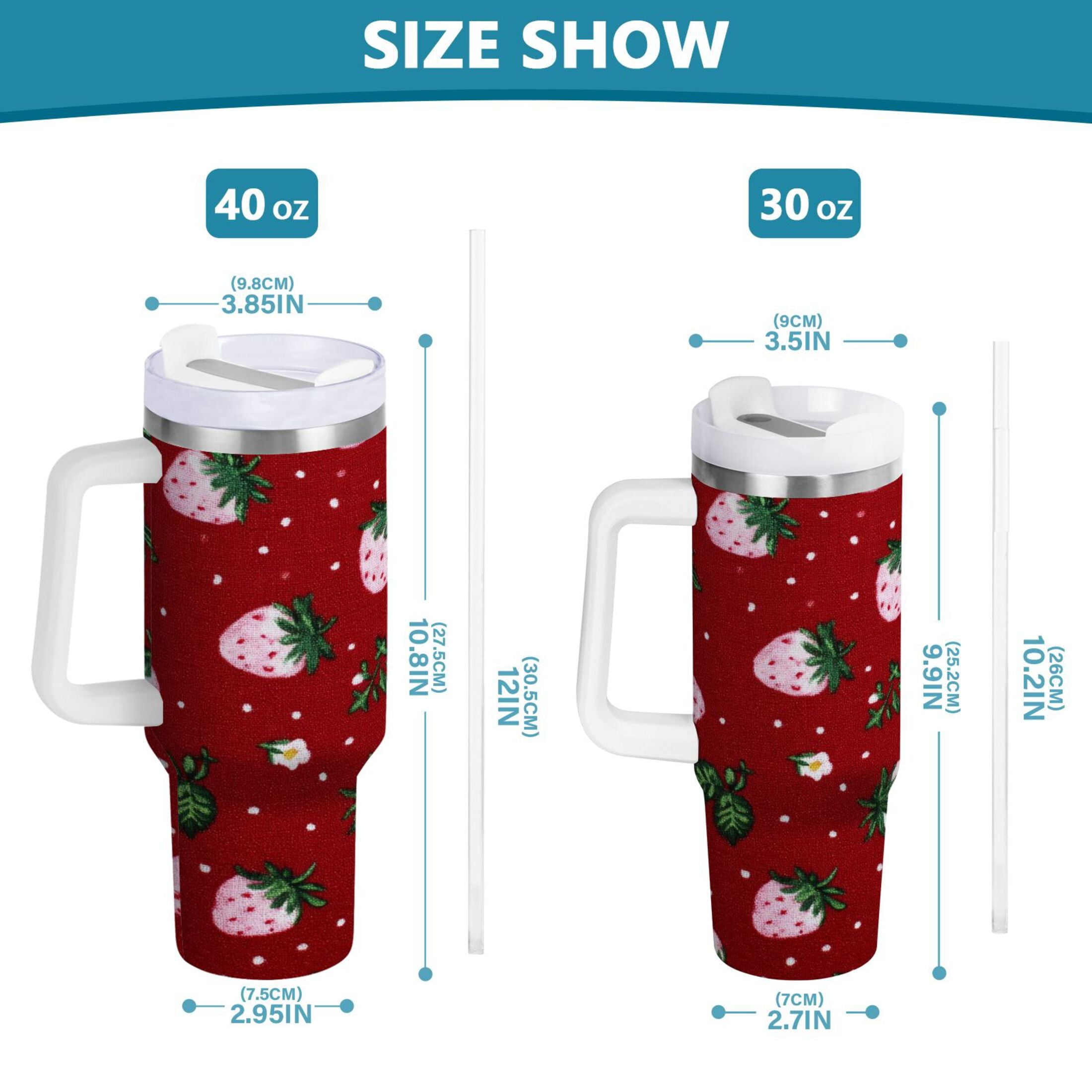 30 oz Insulated Stainless Steel Tumbler Double Wall Stainless Steel Tumbler with 2-Way Drinking Cute Pink Strawberry Pattern - Pick 510