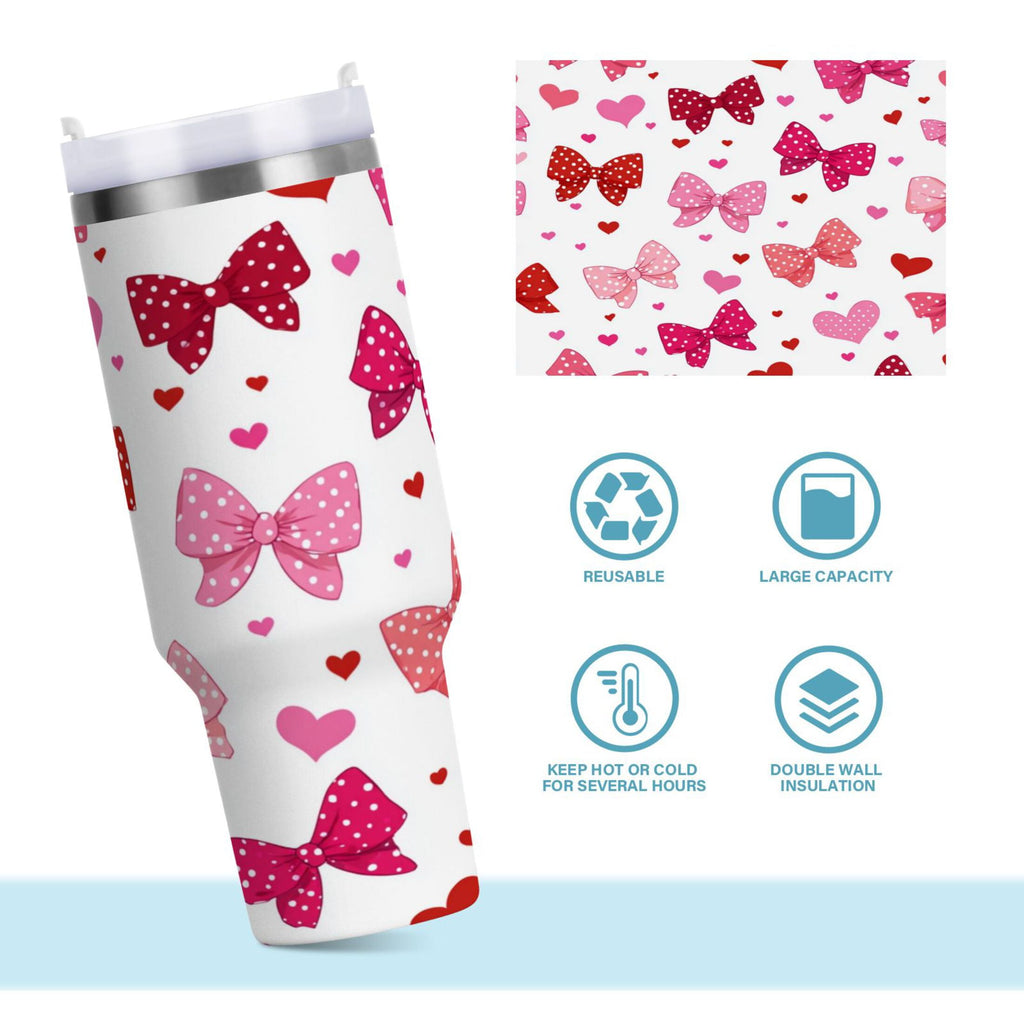 30 oz Insulated Stainless Steel Tumbler Double Wall Stainless Steel Tumbler with 2-Way Drinking Red and Pink Bows - Pick 234