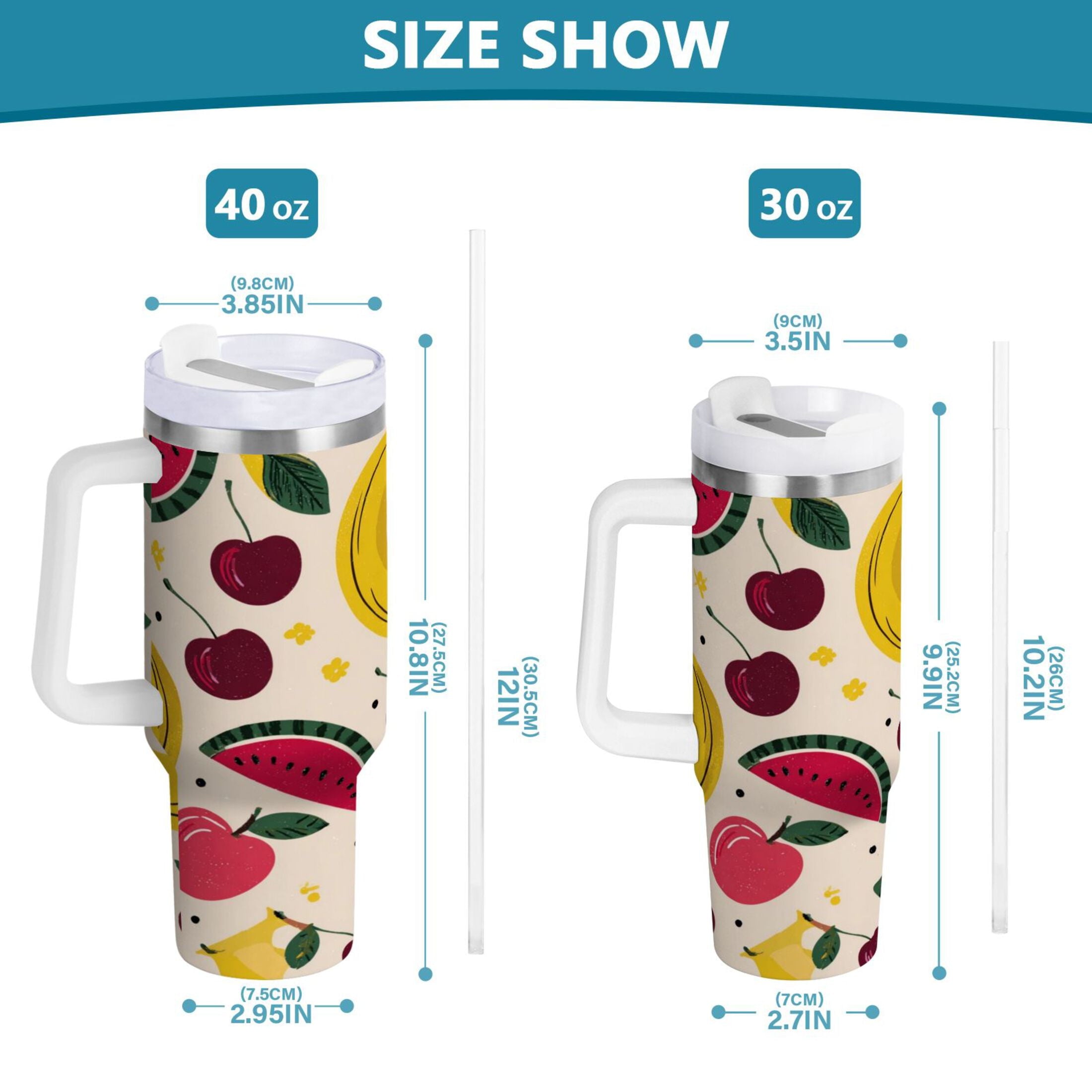 30 oz Insulated Stainless Steel Tumbler Double Wall Stainless Steel Tumbler with 2-Way Drinking Watermelon and Cherries - Pick 278