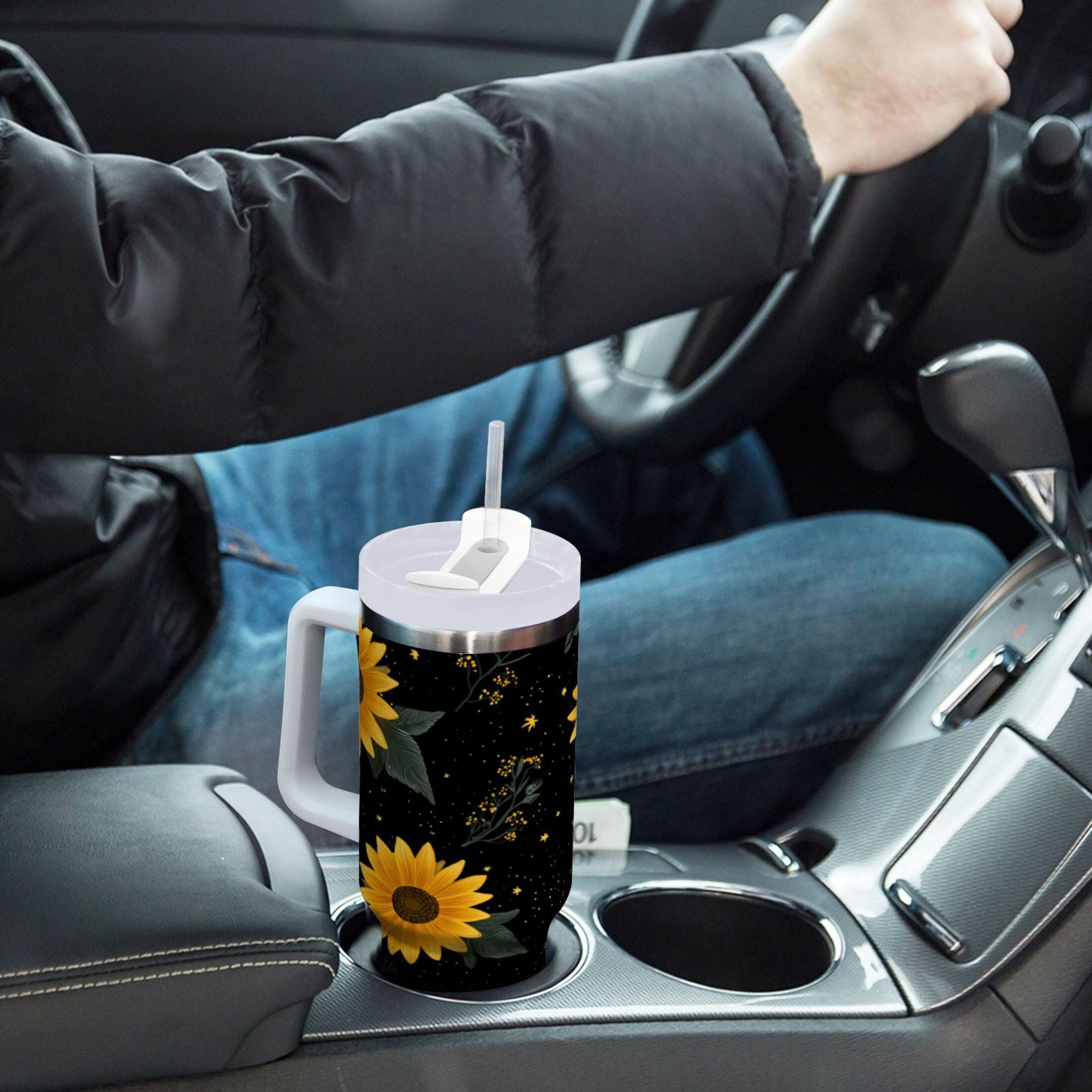 30 oz Insulated Stainless Steel Tumbler Double Wall Stainless Steel Tumbler with 2-Way Drinking Yellow Sunflower Pattern - Pick 808
