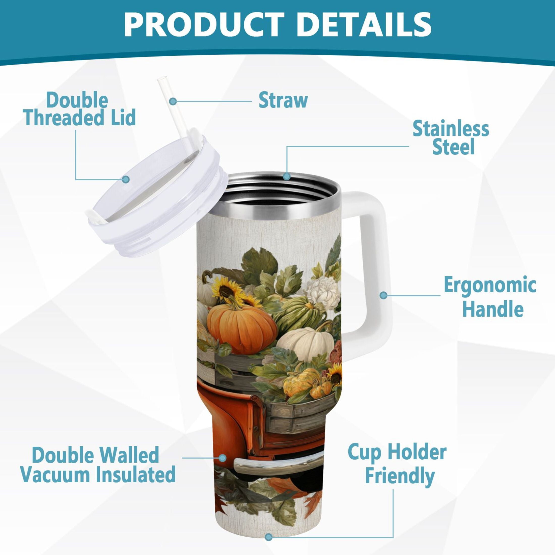 40 oz Insulated Stainless Steel Tumbler Double Wall Stainless Steel Tumbler with 2-Way Drinking Truck Full Of Pumpkins - Pick 103