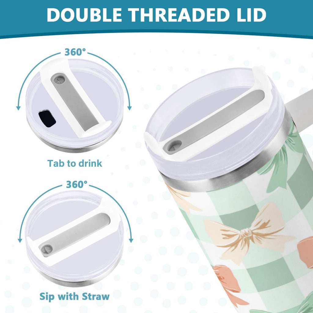 40 oz Insulated Stainless Steel Tumbler Double Wall Stainless Steel Tumbler with 2-Way Drinking Green and Peach Bow Pattern - Pick 342