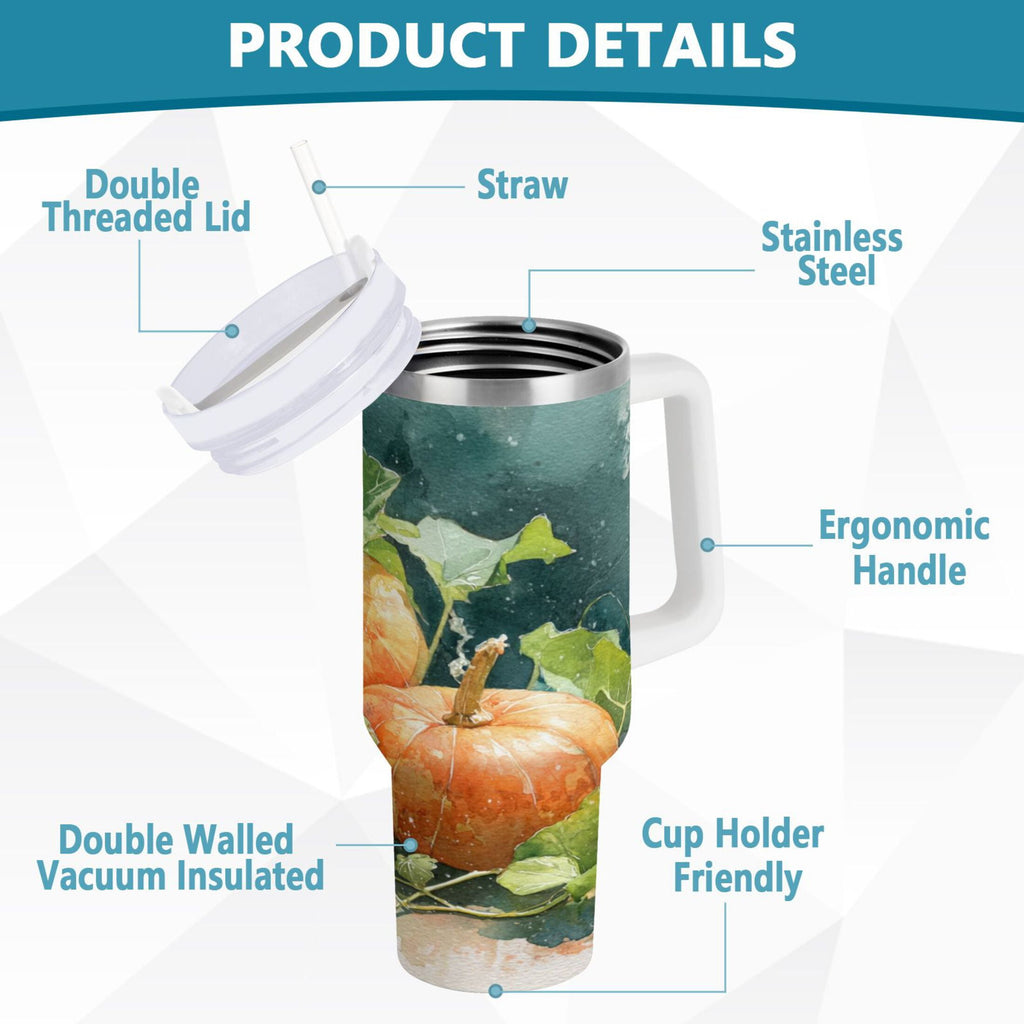 40 oz Insulated Stainless Steel Tumbler Double Wall Stainless Steel Tumbler with 2-Way Drinking Orange and White Pumpkins - Pick 970