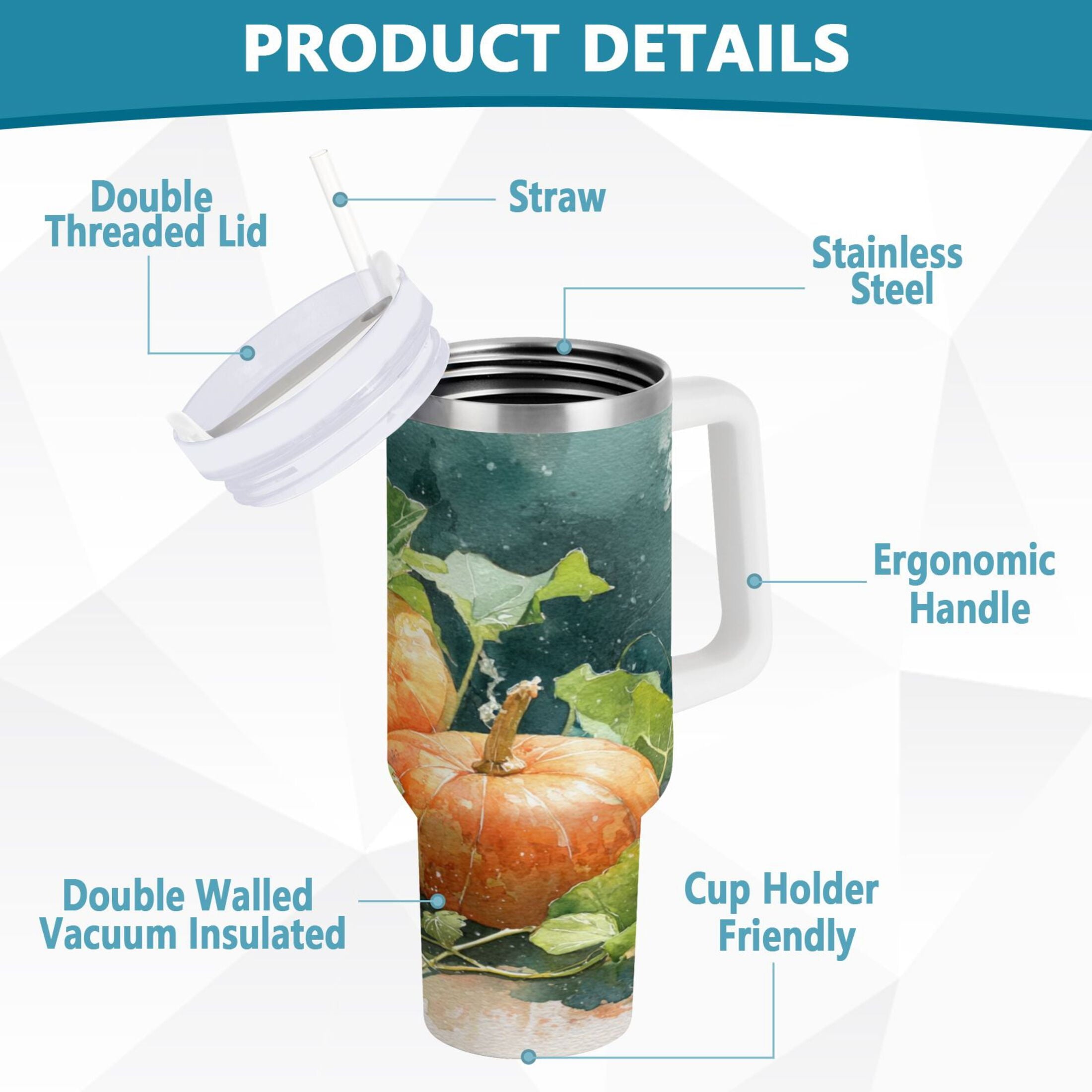 40 oz Insulated Stainless Steel Tumbler Double Wall Stainless Steel Tumbler with 2-Way Drinking Orange and White Pumpkins - Pick 970