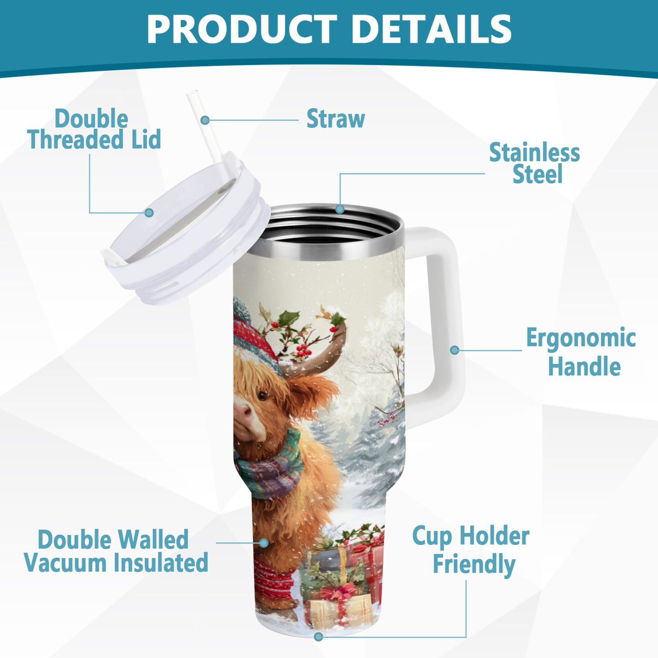 30 oz Insulated Stainless Steel Tumbler Double Wall Stainless Steel Tumbler with 2-Way Drinking Cow Wearing Christmas Hat - Pick 808