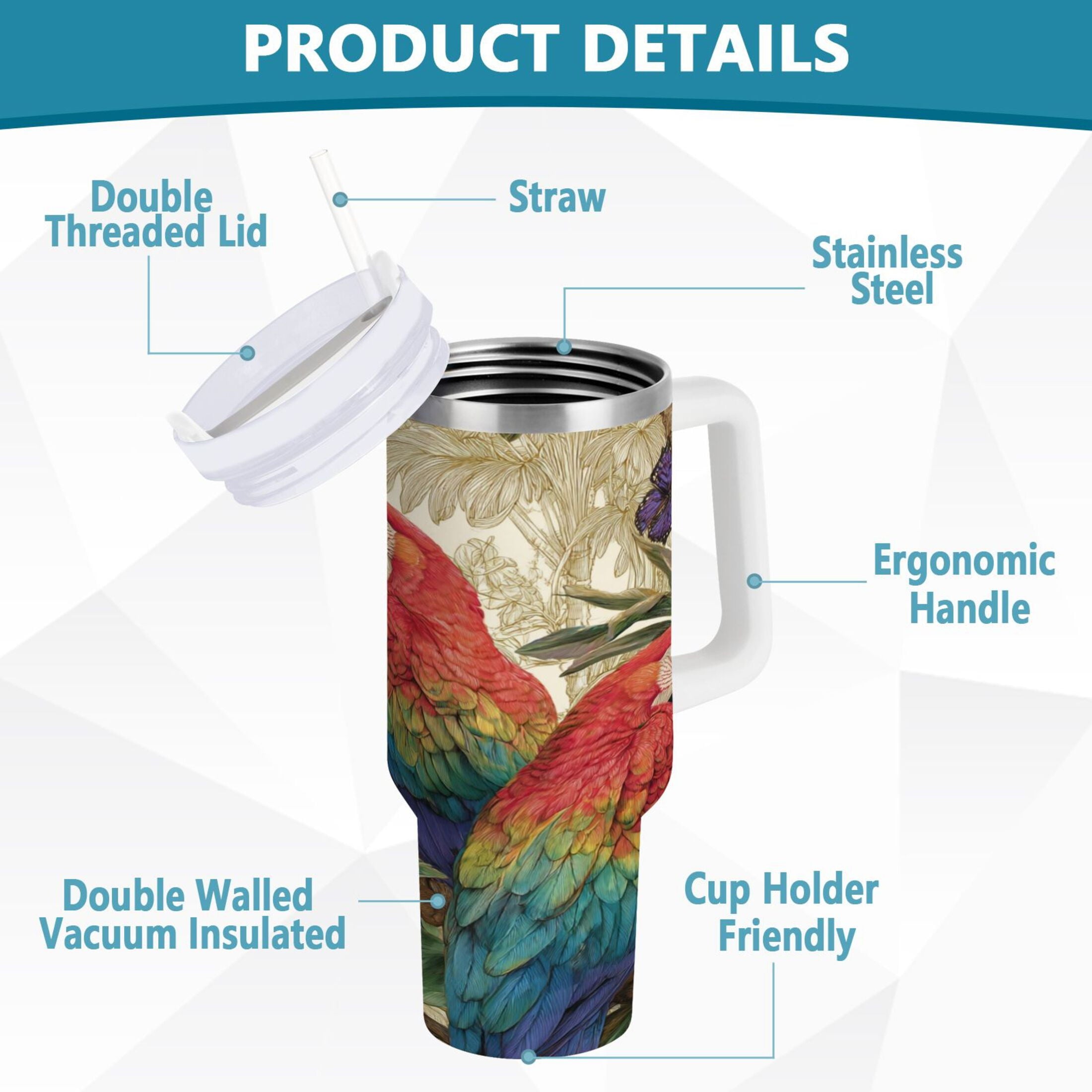 30 oz Insulated Stainless Steel Tumbler Double Wall Stainless Steel Tumbler with 2-Way Drinking Colorful Beautiful Parrots - Pick 300