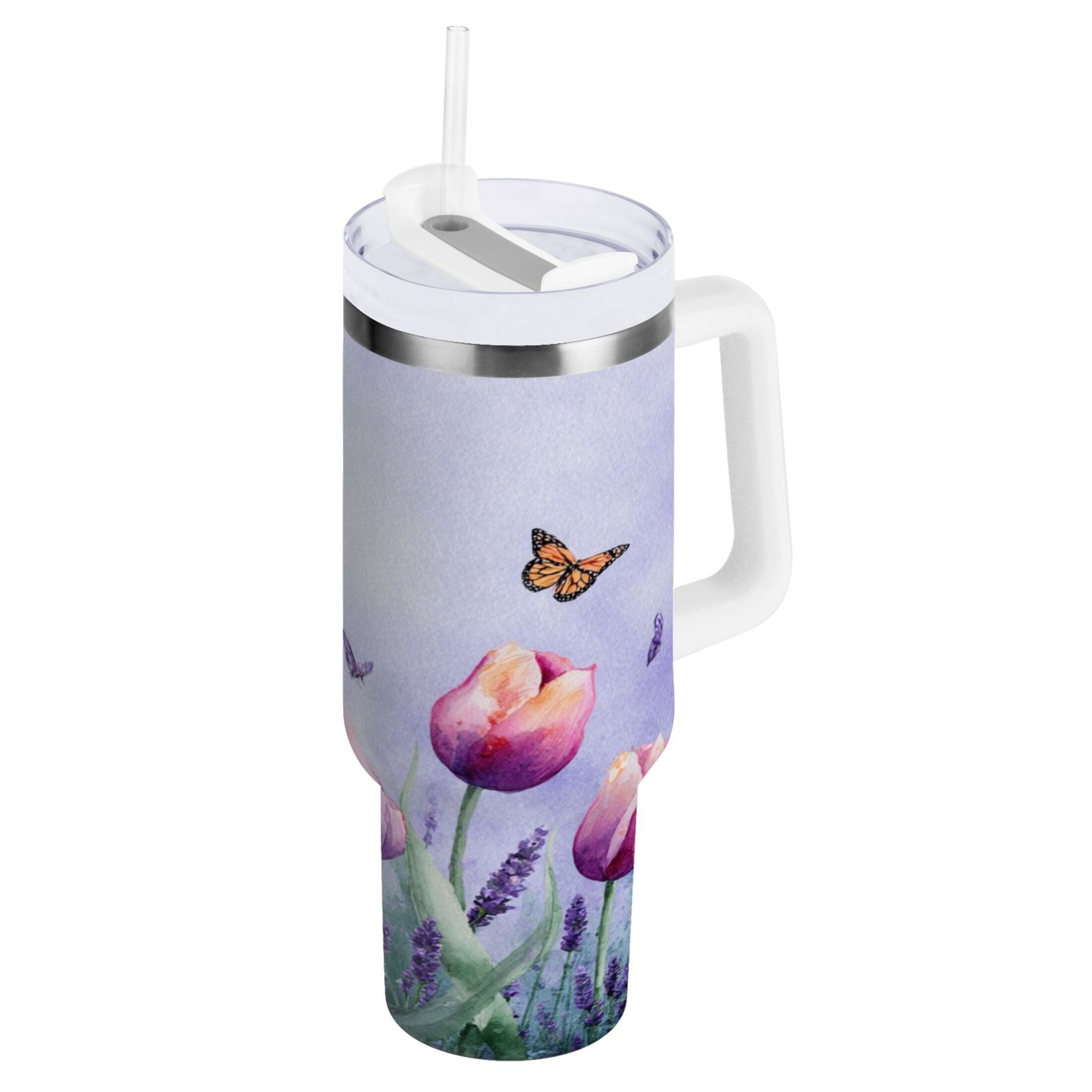 30 oz Insulated Stainless Steel Tumbler Double Wall Stainless Steel Tumbler with 2-Way Drinking Watercolor Tulips and Lavender - Pick 438