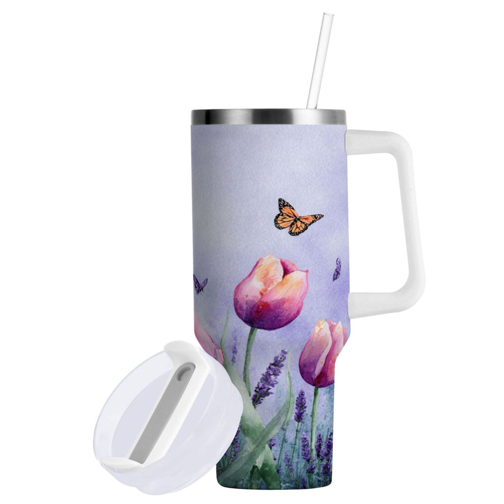 30 oz Insulated Stainless Steel Tumbler Double Wall Stainless Steel Tumbler with 2-Way Drinking Watercolor Tulips and Lavender - Pick 438