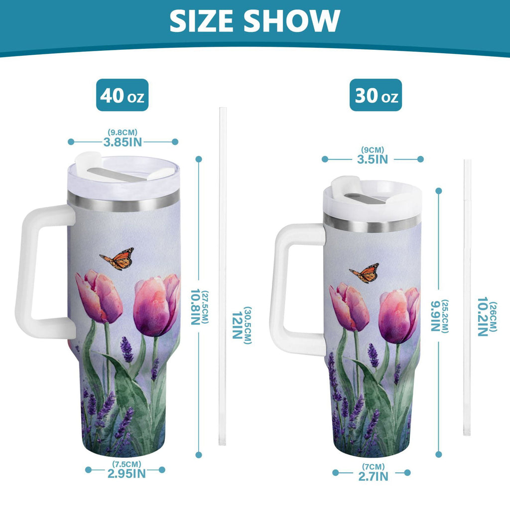 30 oz Insulated Stainless Steel Tumbler Double Wall Stainless Steel Tumbler with 2-Way Drinking Watercolor Tulips and Lavender - Pick 438