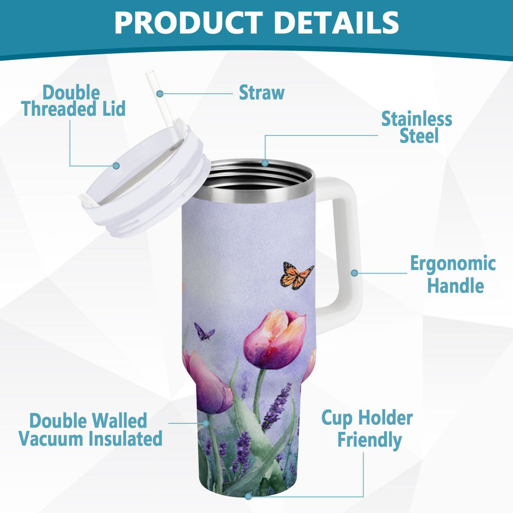 30 oz Insulated Stainless Steel Tumbler Double Wall Stainless Steel Tumbler with 2-Way Drinking Watercolor Tulips and Lavender - Pick 438
