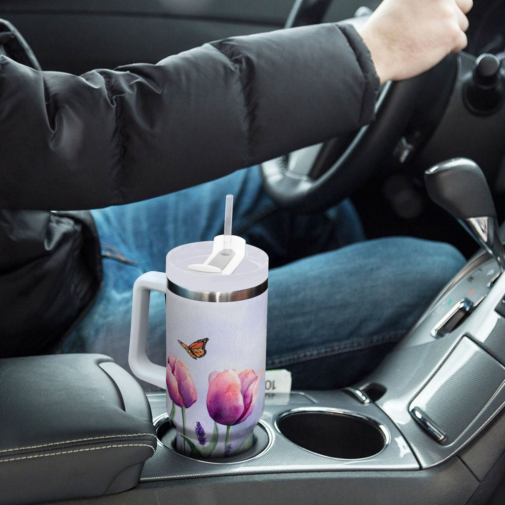 30 oz Insulated Stainless Steel Tumbler Double Wall Stainless Steel Tumbler with 2-Way Drinking Watercolor Tulips and Lavender - Pick 438