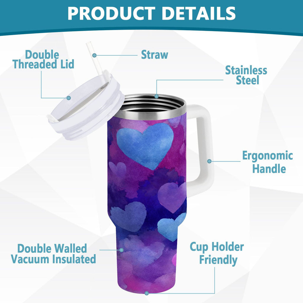 30 oz Insulated Stainless Steel Tumbler Double Wall Stainless Steel Tumbler with 2-Way Drinking Indigo and Violet Hearts - Pick 215