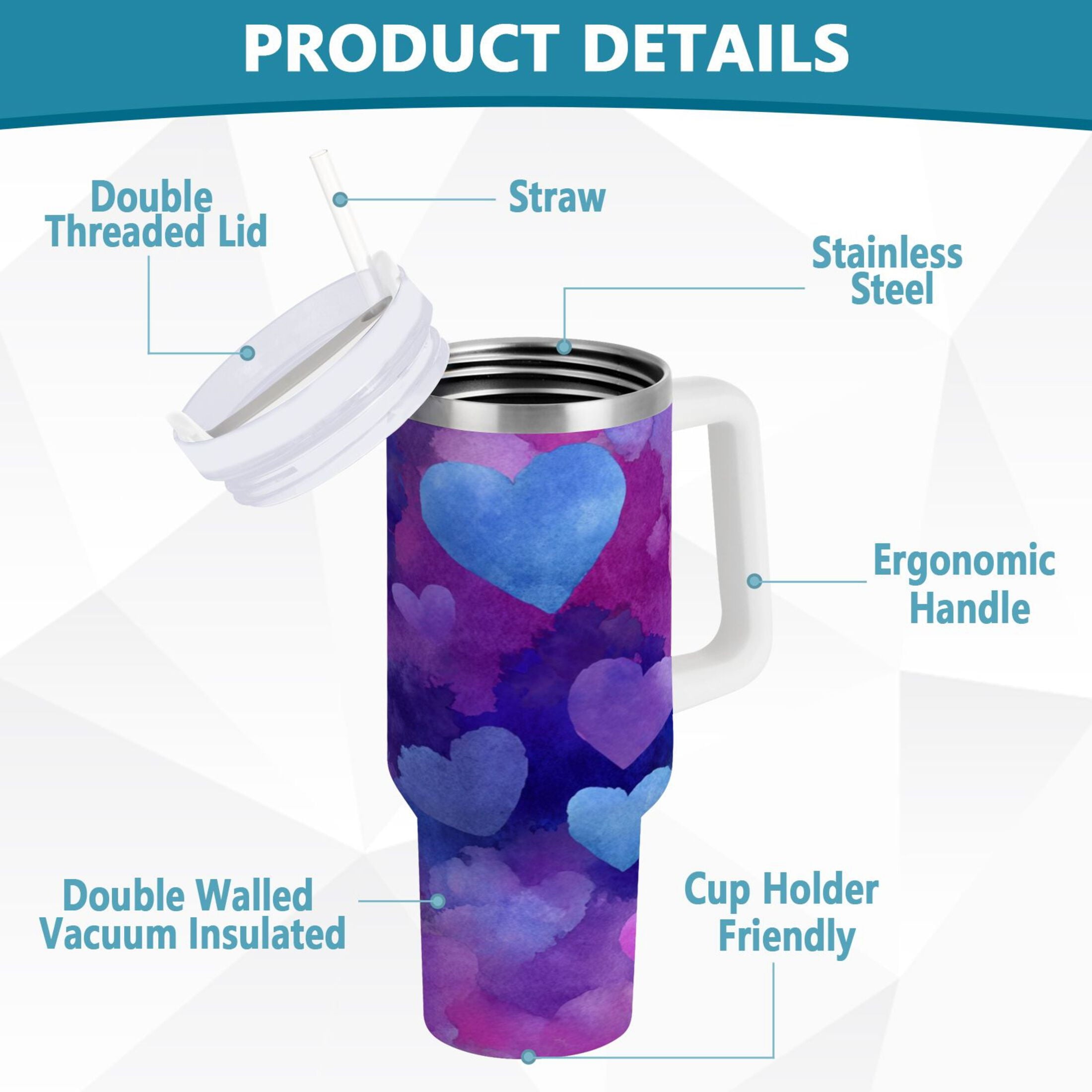 30 oz Insulated Stainless Steel Tumbler Double Wall Stainless Steel Tumbler with 2-Way Drinking Indigo and Violet Hearts - Pick 215