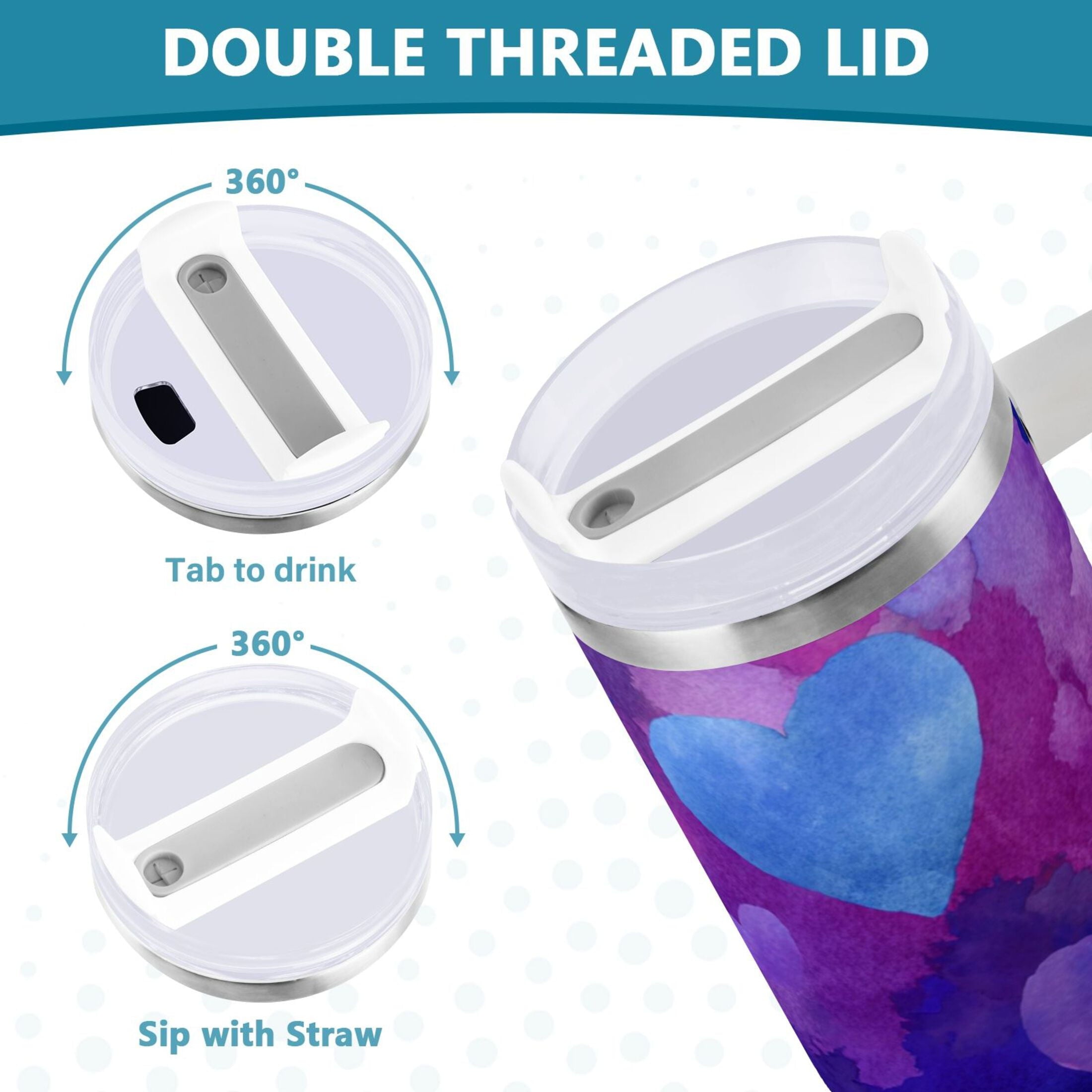 30 oz Insulated Stainless Steel Tumbler Double Wall Stainless Steel Tumbler with 2-Way Drinking Indigo and Violet Hearts - Pick 215
