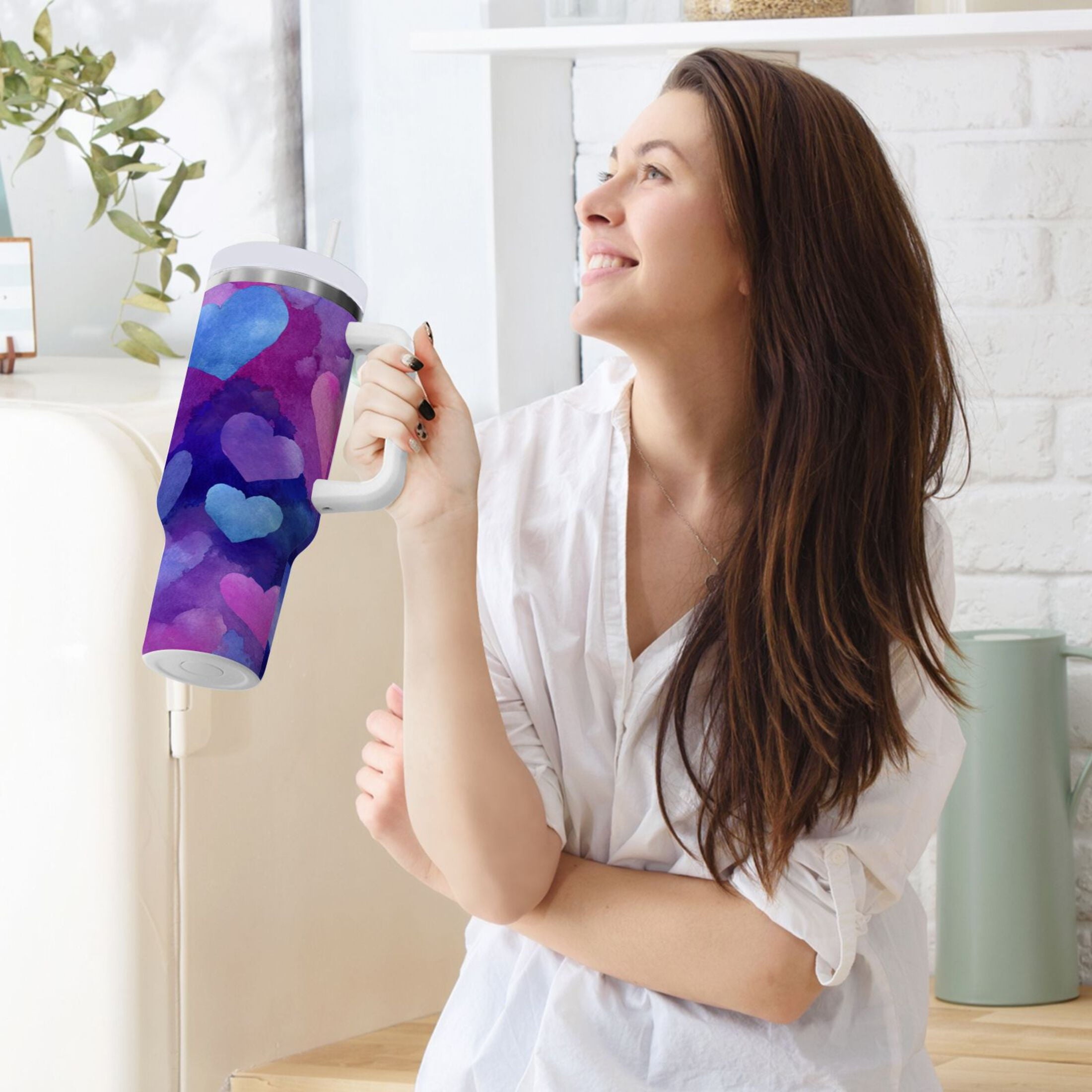 30 oz Insulated Stainless Steel Tumbler Double Wall Stainless Steel Tumbler with 2-Way Drinking Indigo and Violet Hearts - Pick 215