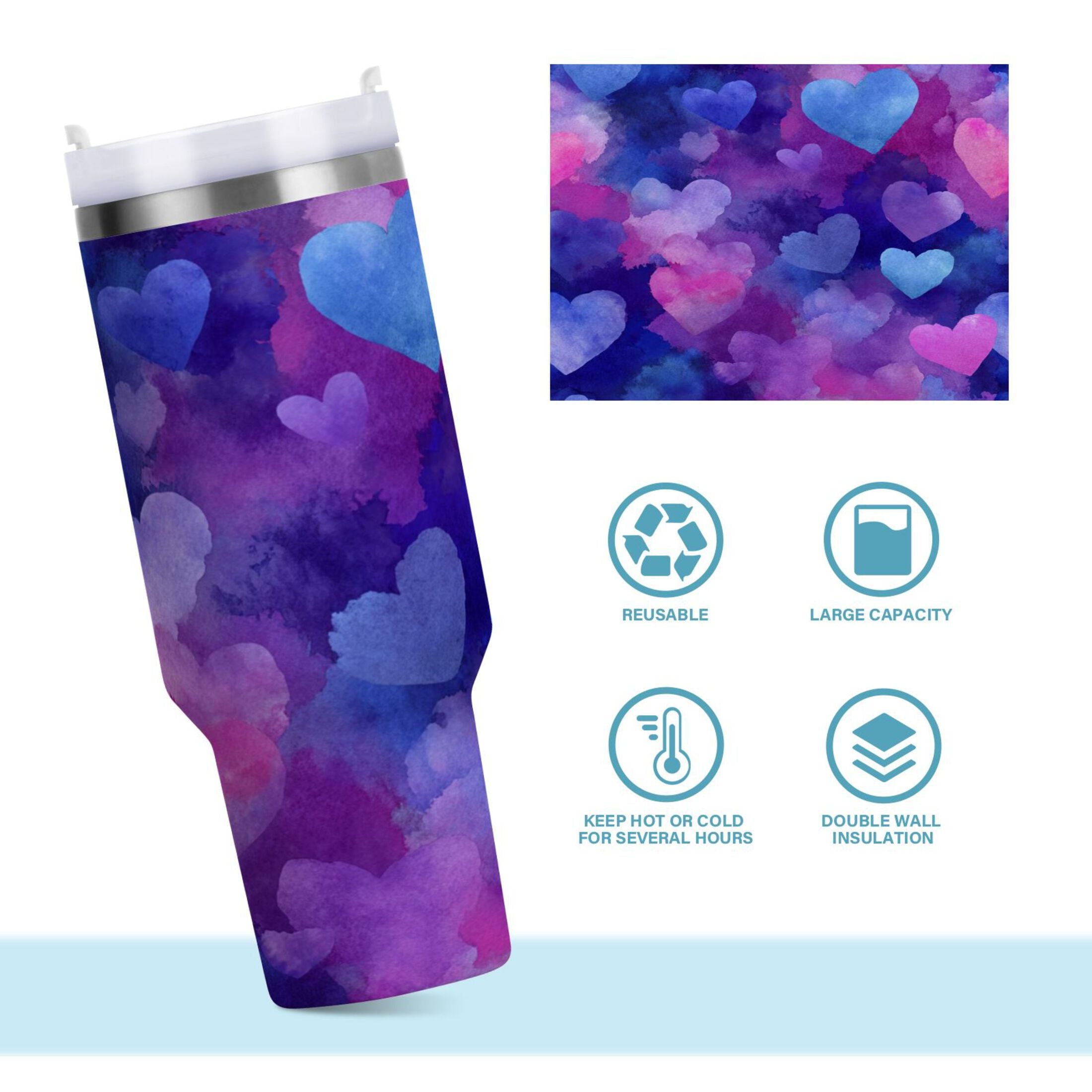 30 oz Insulated Stainless Steel Tumbler Double Wall Stainless Steel Tumbler with 2-Way Drinking Indigo and Violet Hearts - Pick 215