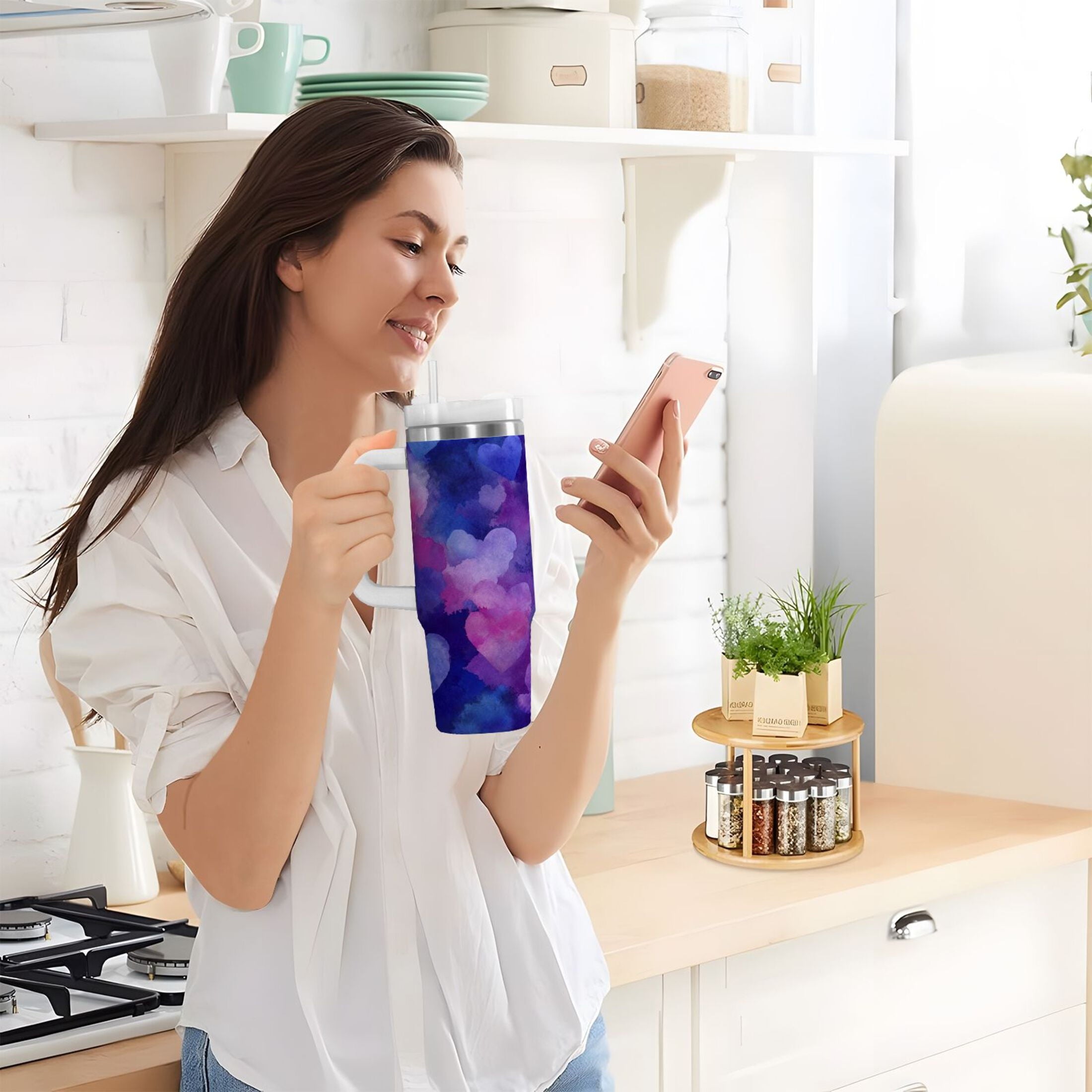 30 oz Insulated Stainless Steel Tumbler Double Wall Stainless Steel Tumbler with 2-Way Drinking Indigo and Violet Hearts - Pick 215
